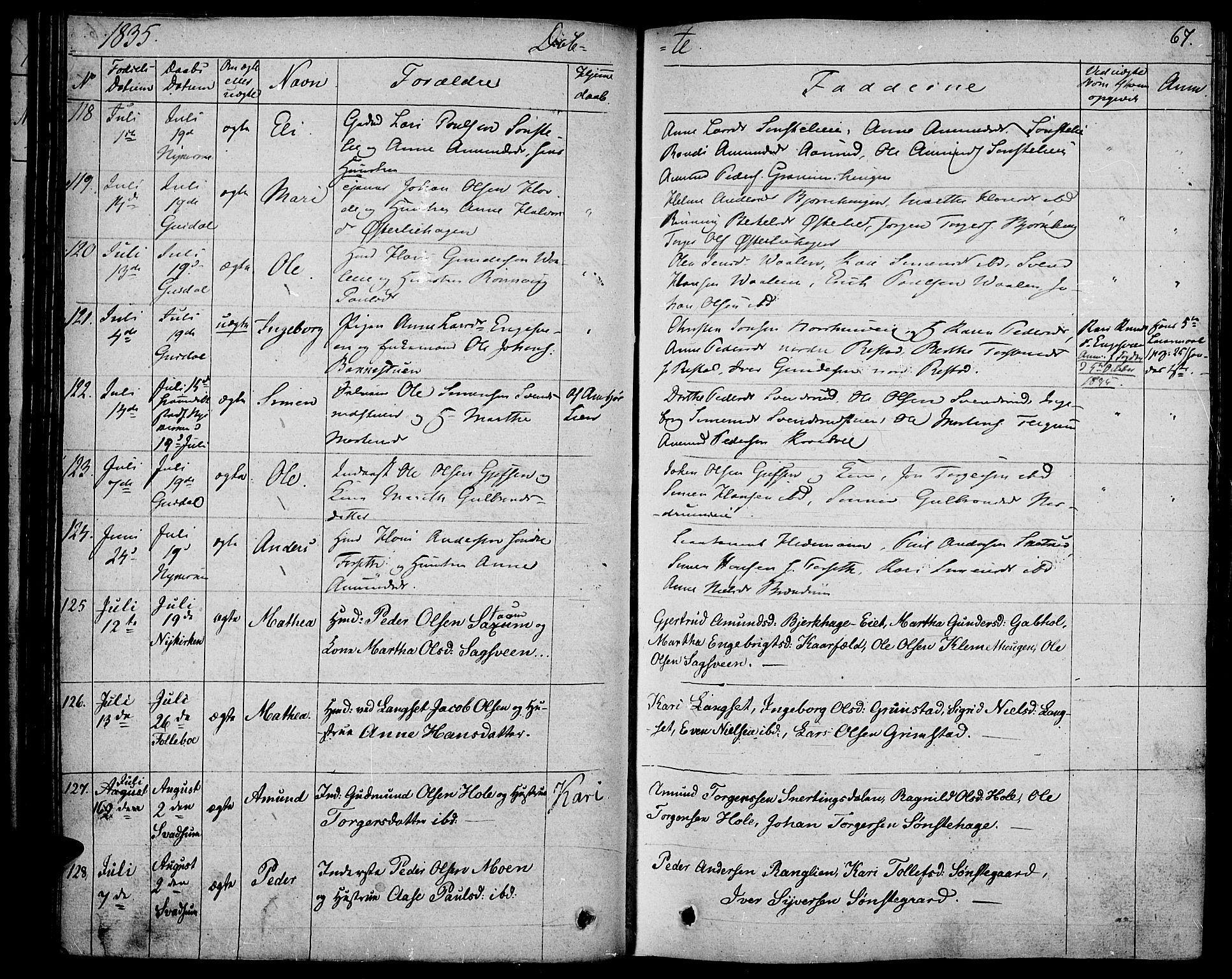 Gausdal prestekontor, AV/SAH-PREST-090/H/Ha/Haa/L0006: Parish register (official) no. 6, 1830-1839, p. 67