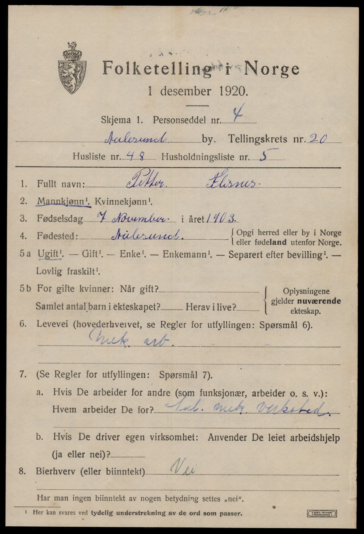 SAT, 1920 census for Ålesund, 1920, p. 39420