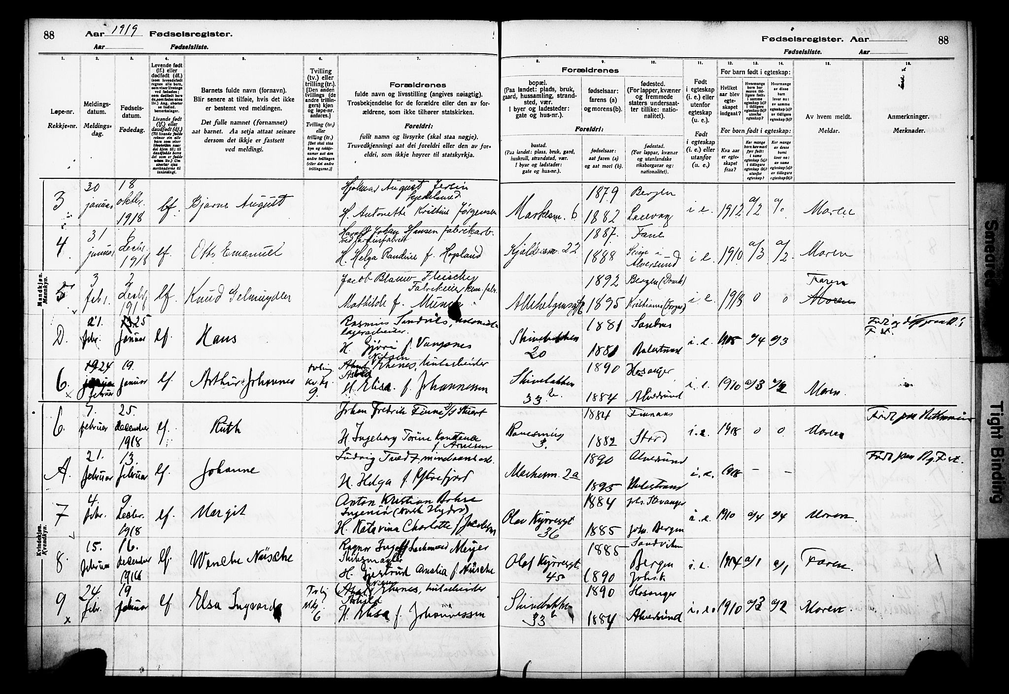 Domkirken sokneprestembete, AV/SAB-A-74801/I/Id/L00A1: Birth register no. A 1, 1916-1923, p. 88