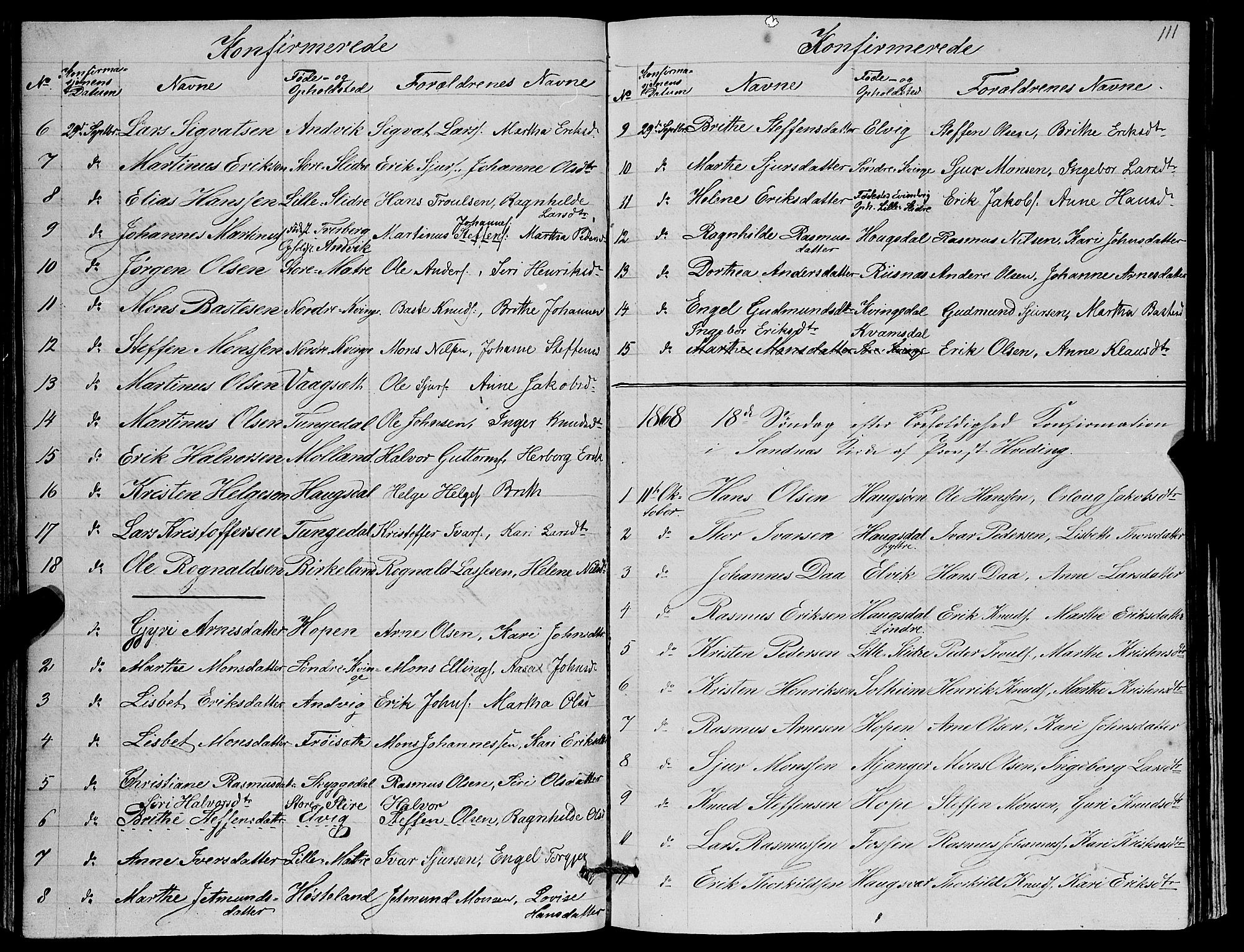 Masfjorden Sokneprestembete, SAB/A-77001: Parish register (copy) no. A 1, 1851-1875, p. 111