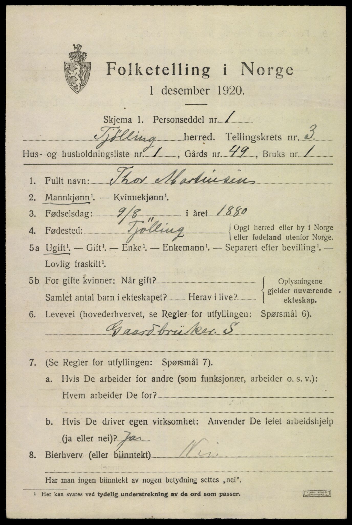 SAKO, 1920 census for Tjølling, 1920, p. 6927