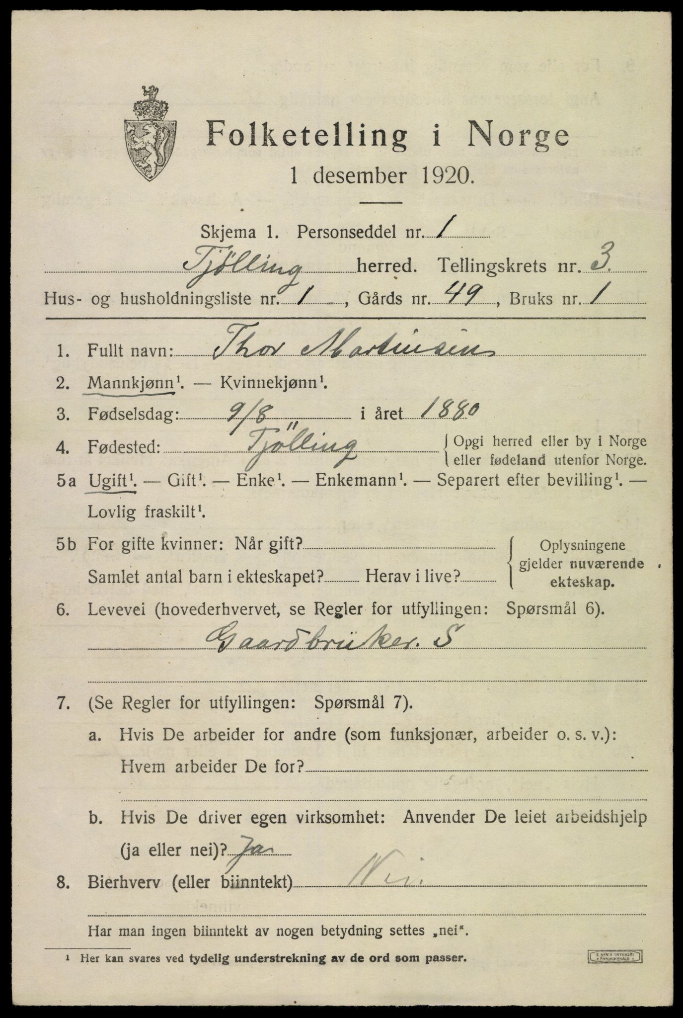 SAKO, 1920 census for Tjølling, 1920, p. 6927