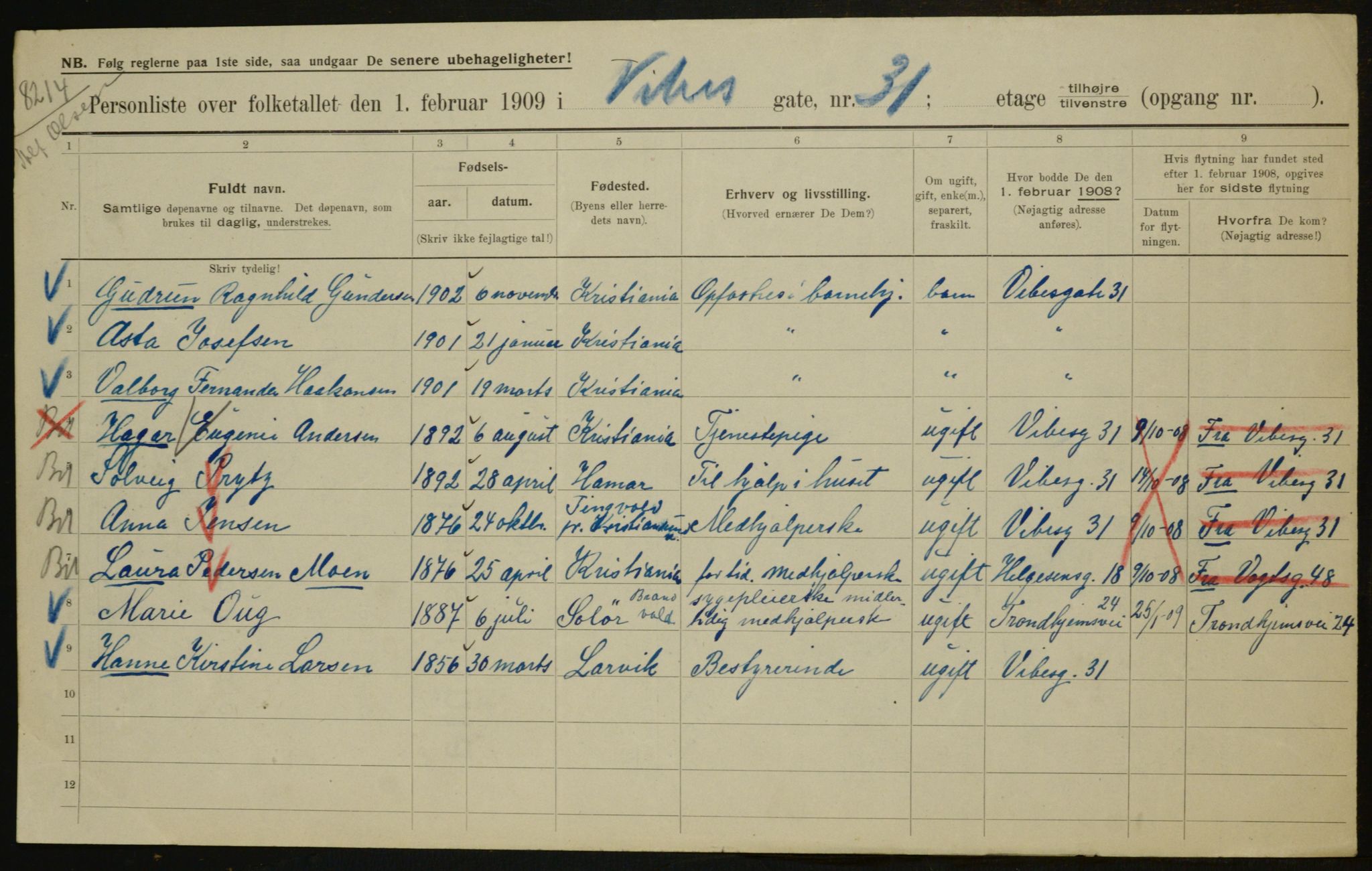 OBA, Municipal Census 1909 for Kristiania, 1909, p. 112004