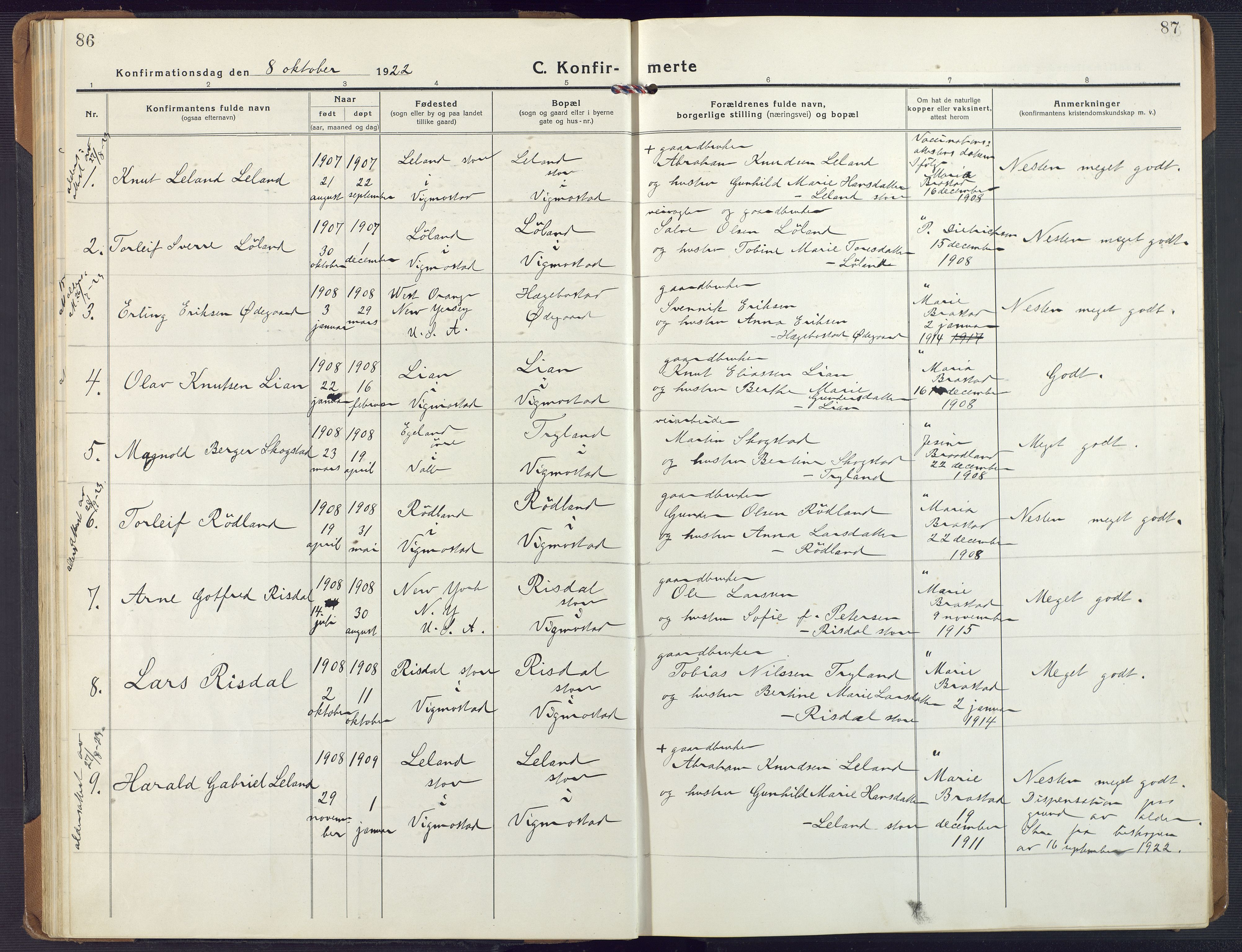 Nord-Audnedal sokneprestkontor, AV/SAK-1111-0032/F/Fa/Fab/L0005: Parish register (official) no. A 5, 1918-1925, p. 86-87