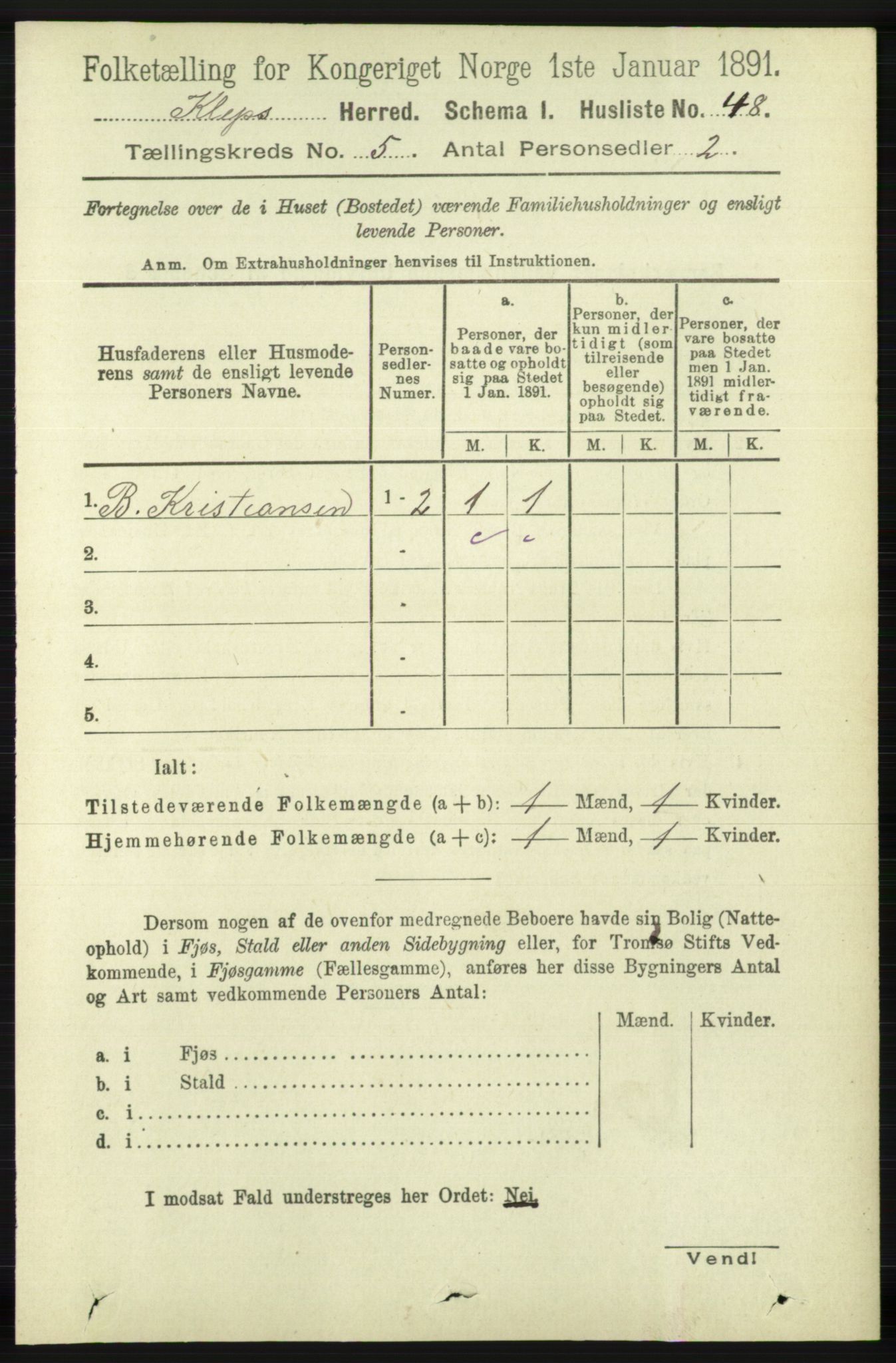 RA, 1891 census for 1120 Klepp, 1891, p. 1336
