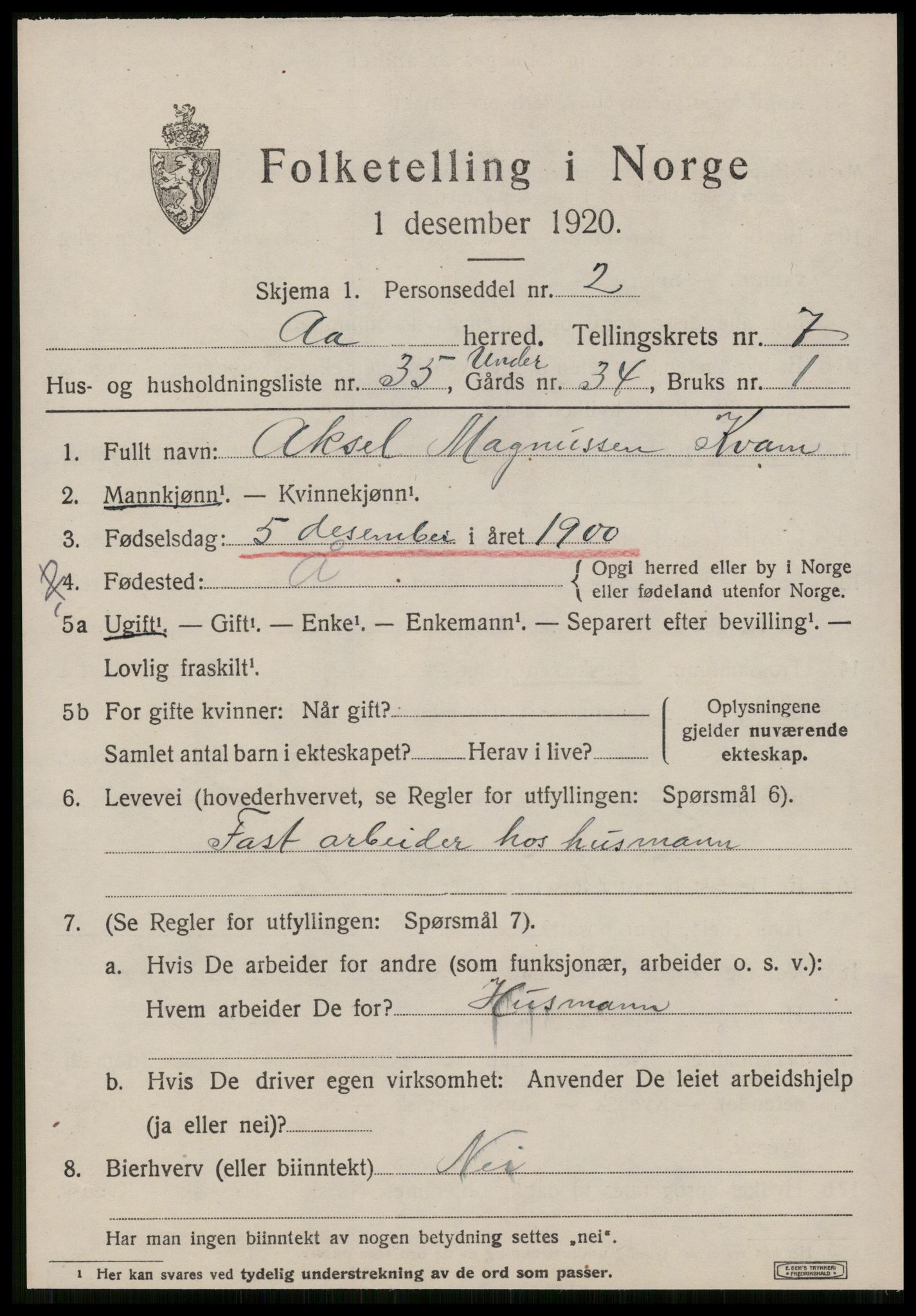 SAT, 1920 census for Å, 1920, p. 3352