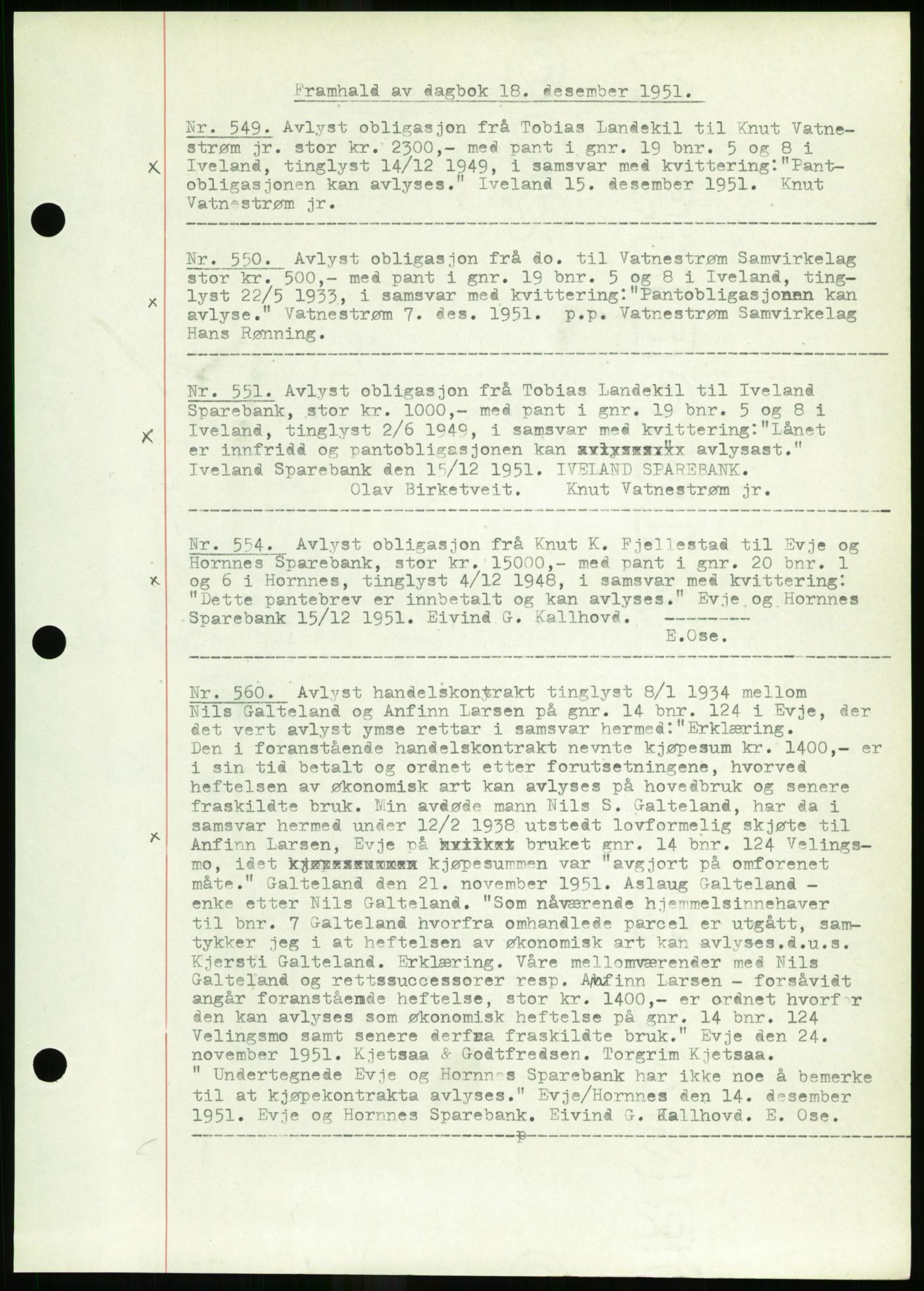 Setesdal sorenskriveri, SAK/1221-0011/G/Gb/L0050: Mortgage book no. B 38, 1949-1952, Diary no: : 549/1951