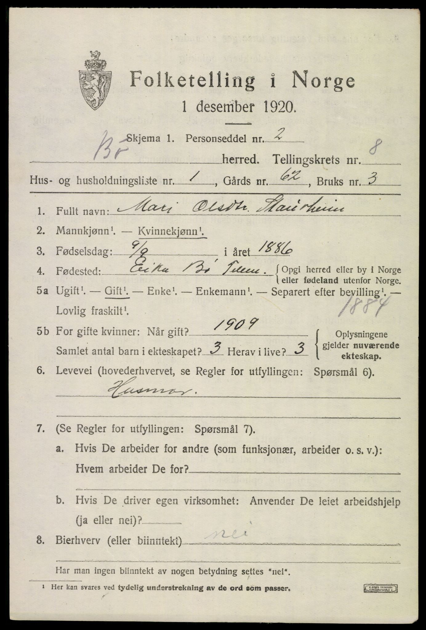 SAKO, 1920 census for Bø (Telemark), 1920, p. 5764