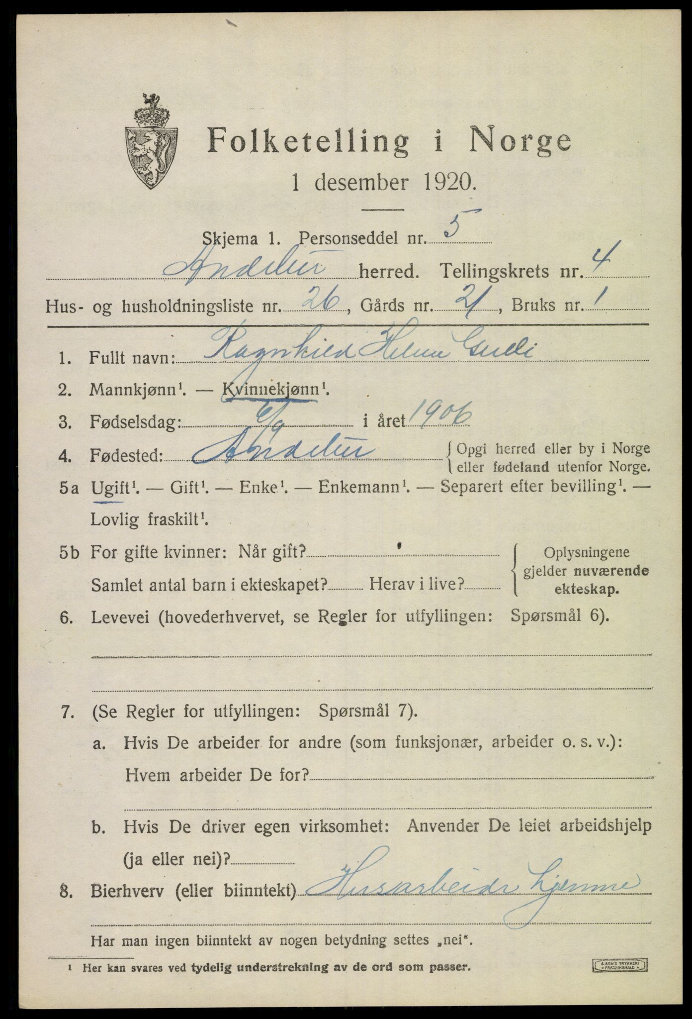 SAKO, 1920 census for Andebu, 1920, p. 2612