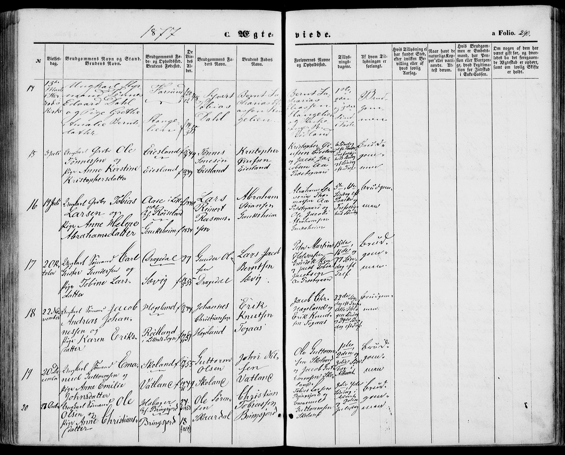 Lyngdal sokneprestkontor, SAK/1111-0029/F/Fa/Fac/L0010: Parish register (official) no. A 10, 1865-1878, p. 290