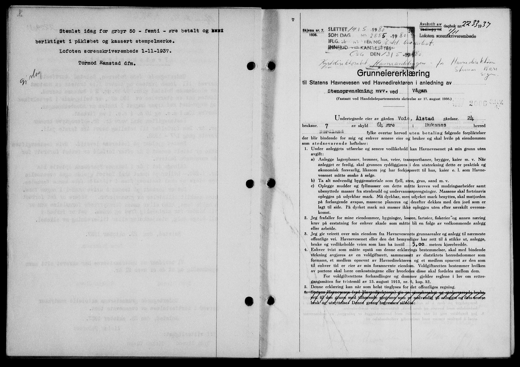 Lofoten sorenskriveri, SAT/A-0017/1/2/2C/L0003a: Mortgage book no. 3a, 1937-1938, Diary no: : 2233/1937