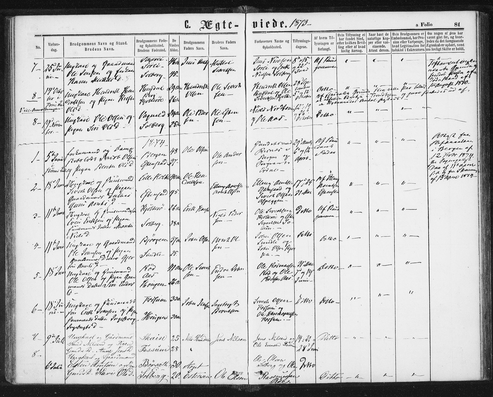 Ministerialprotokoller, klokkerbøker og fødselsregistre - Sør-Trøndelag, SAT/A-1456/689/L1039: Parish register (official) no. 689A04, 1865-1878, p. 81
