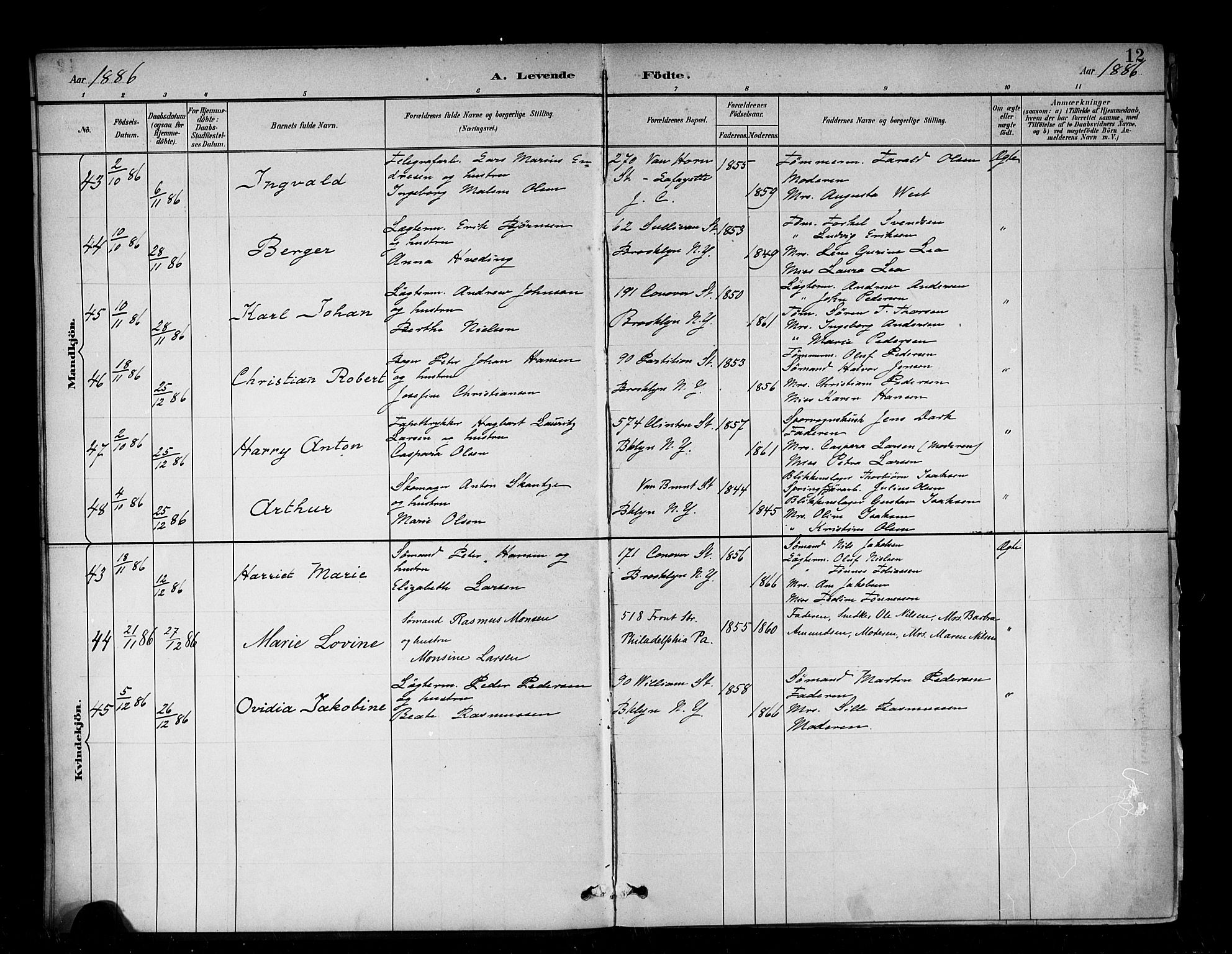 Den norske sjømannsmisjon i utlandet/New York, SAB/SAB/PA-0110/H/Ha/L0002: Parish register (official) no. A 2, 1886-1888, p. 12