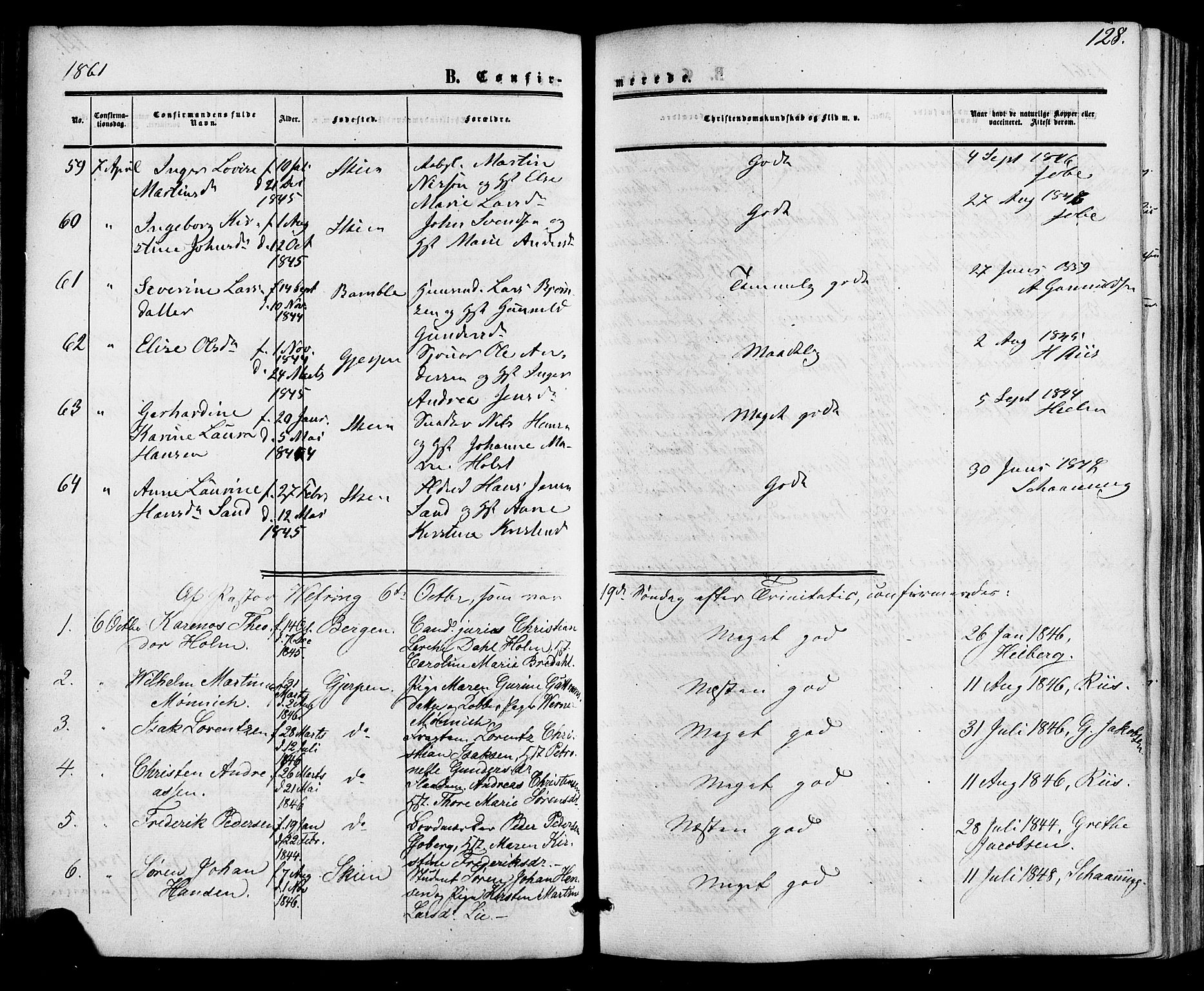 Skien kirkebøker, AV/SAKO-A-302/F/Fa/L0007: Parish register (official) no. 7, 1856-1865, p. 128