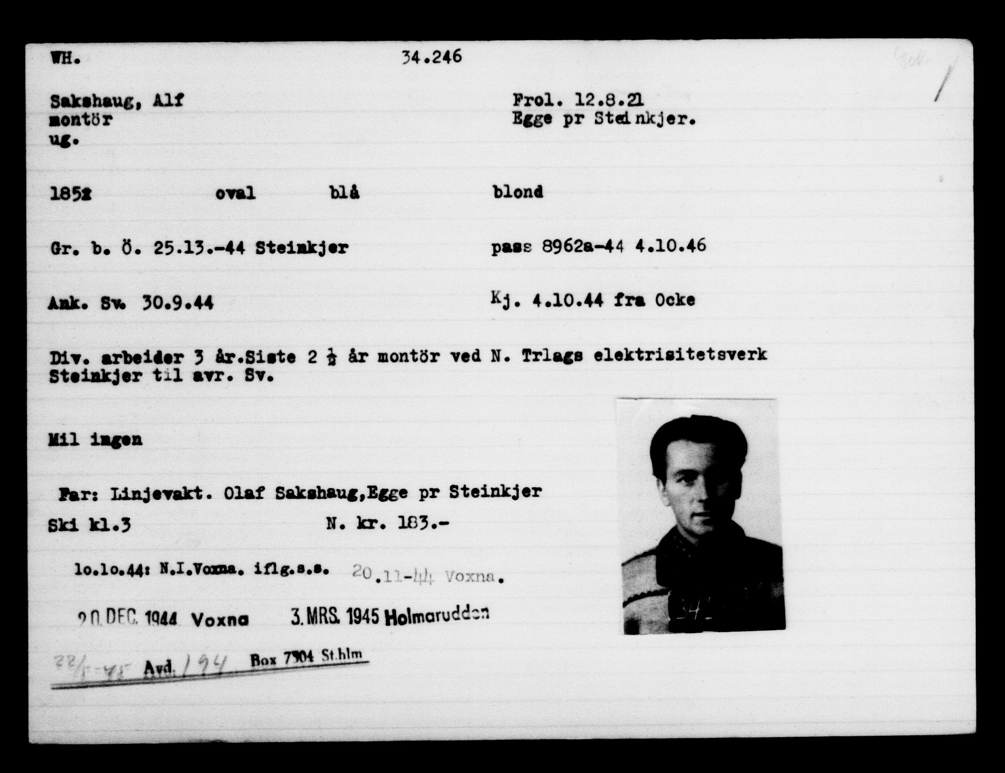 Utenriksstasjonene, Legasjonen i Stockholm, Flyktningkontoret, AV/RA-S-6753/V/Va/L0013: Kjesäterkartoteket, flyktninger med registreringsnr. 31500-34731, 1940-1945, p. 2898