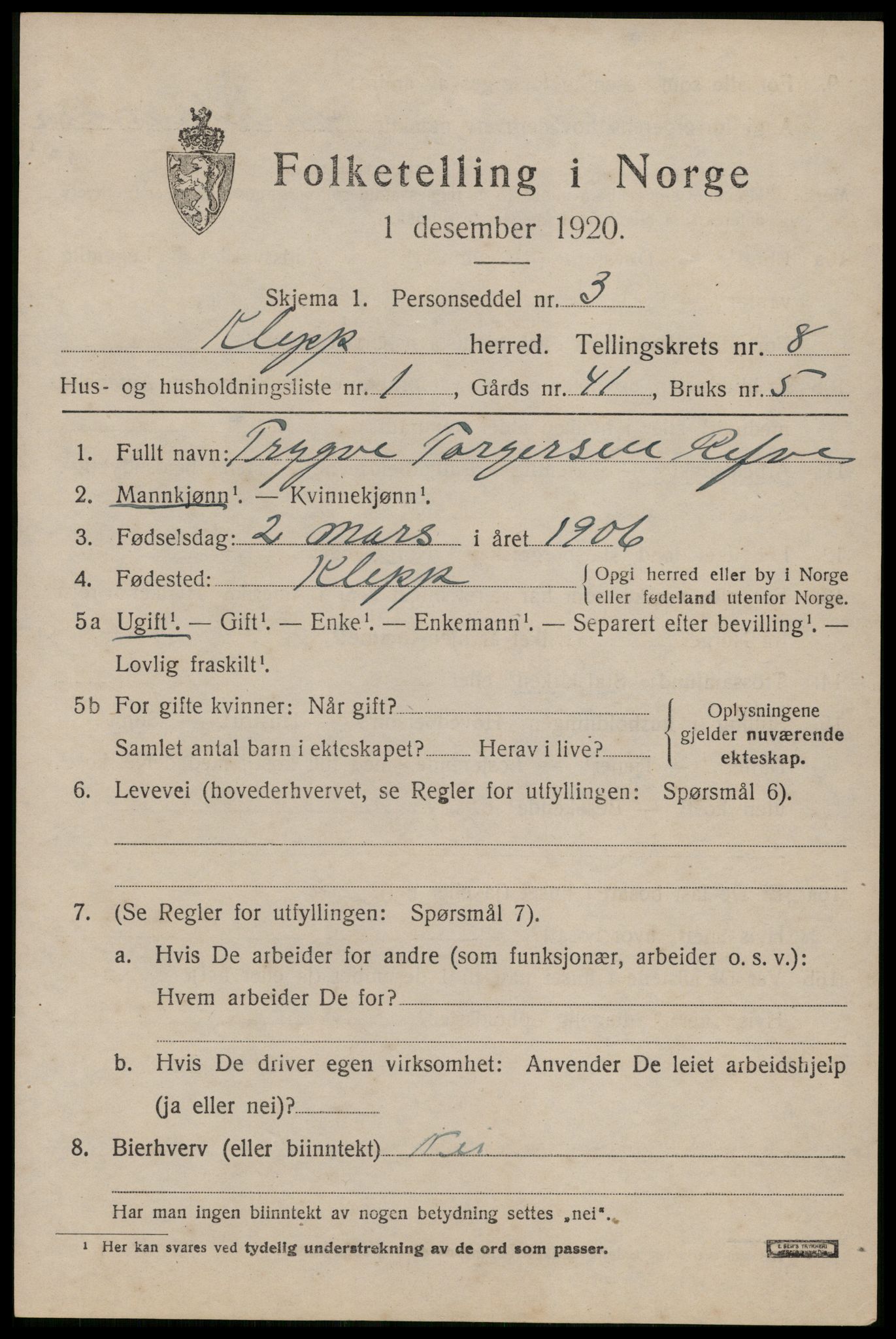 SAST, 1920 census for Klepp, 1920, p. 6962