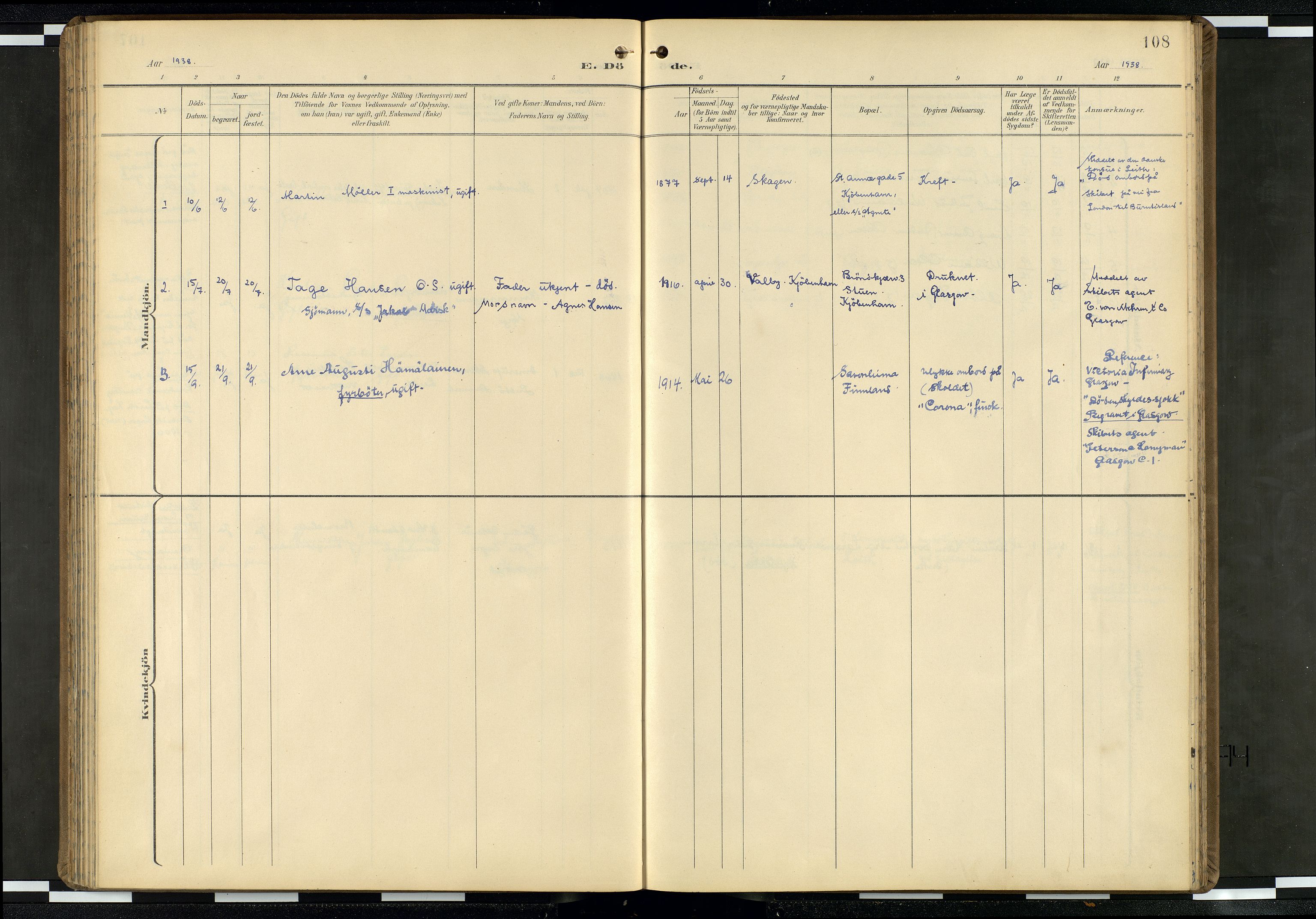 Den norske sjømannsmisjon i utlandet/Skotske havner (Leith, Glasgow), SAB/SAB/PA-0100/H/Ha/Haa/L0004: Parish register (official) no. A 4, 1899-1949, p. 107b-108a