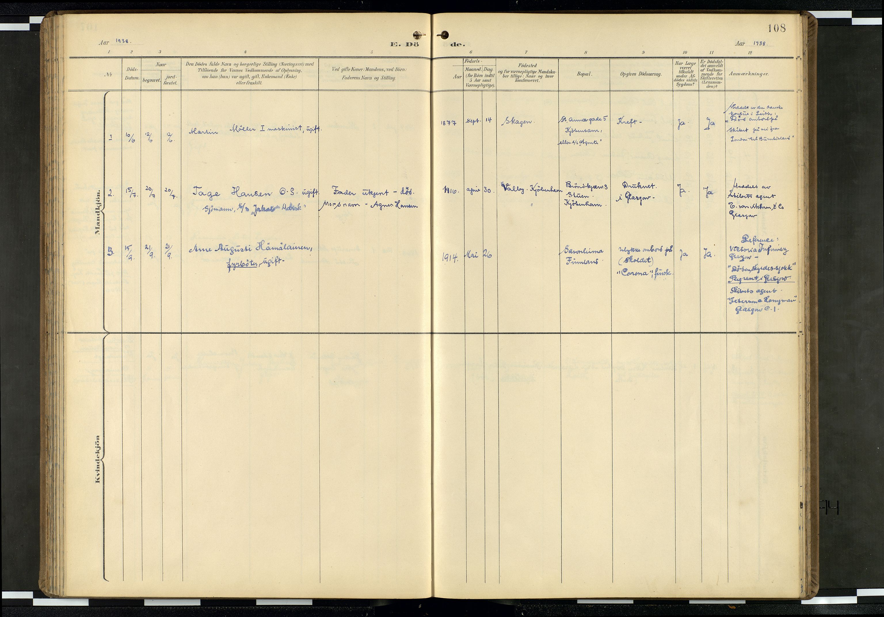 Den norske sjømannsmisjon i utlandet/Skotske havner (Leith, Glasgow), AV/SAB-SAB/PA-0100/H/Ha/Haa/L0004: Parish register (official) no. A 4, 1899-1949, p. 107b-108a