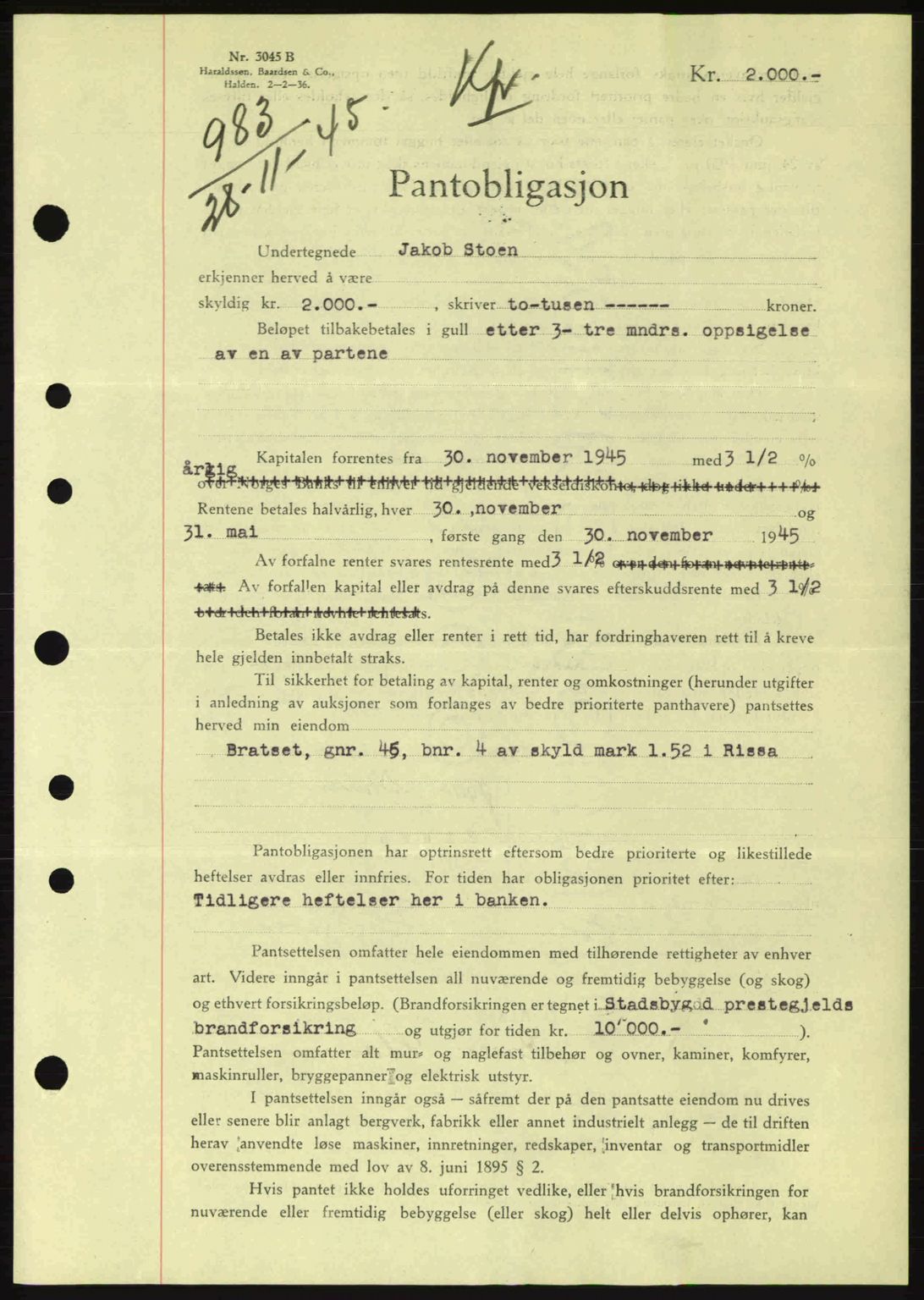 Fosen sorenskriveri, AV/SAT-A-1107/1/2/2C: Mortgage book no. B1, 1943-1945, Diary no: : 983/1945