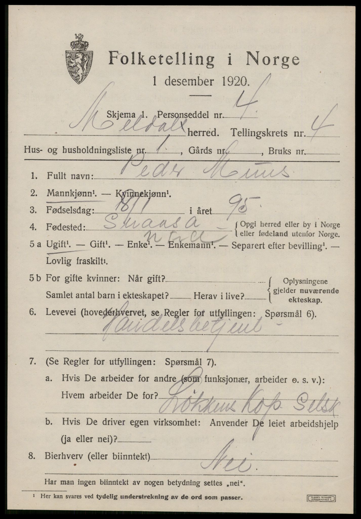 SAT, 1920 census for Meldal, 1920, p. 3637