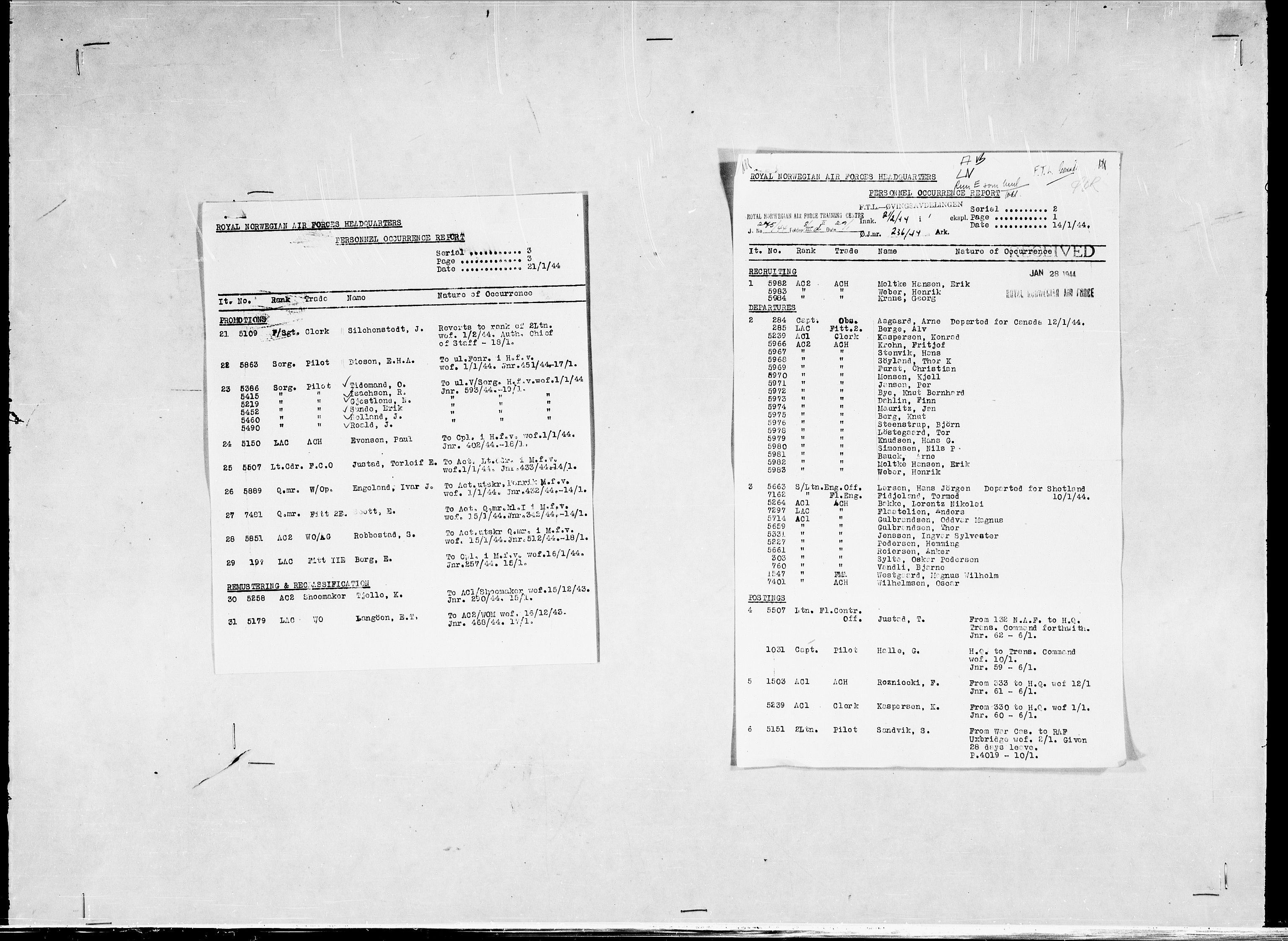 Forsvaret, Flyvåpnenes treningsleir 1940-1945, AV/RA-RAFA-3974/V/L0038: Ekspedisjonskontoret. 8. Personellkontoret, 1940-1945