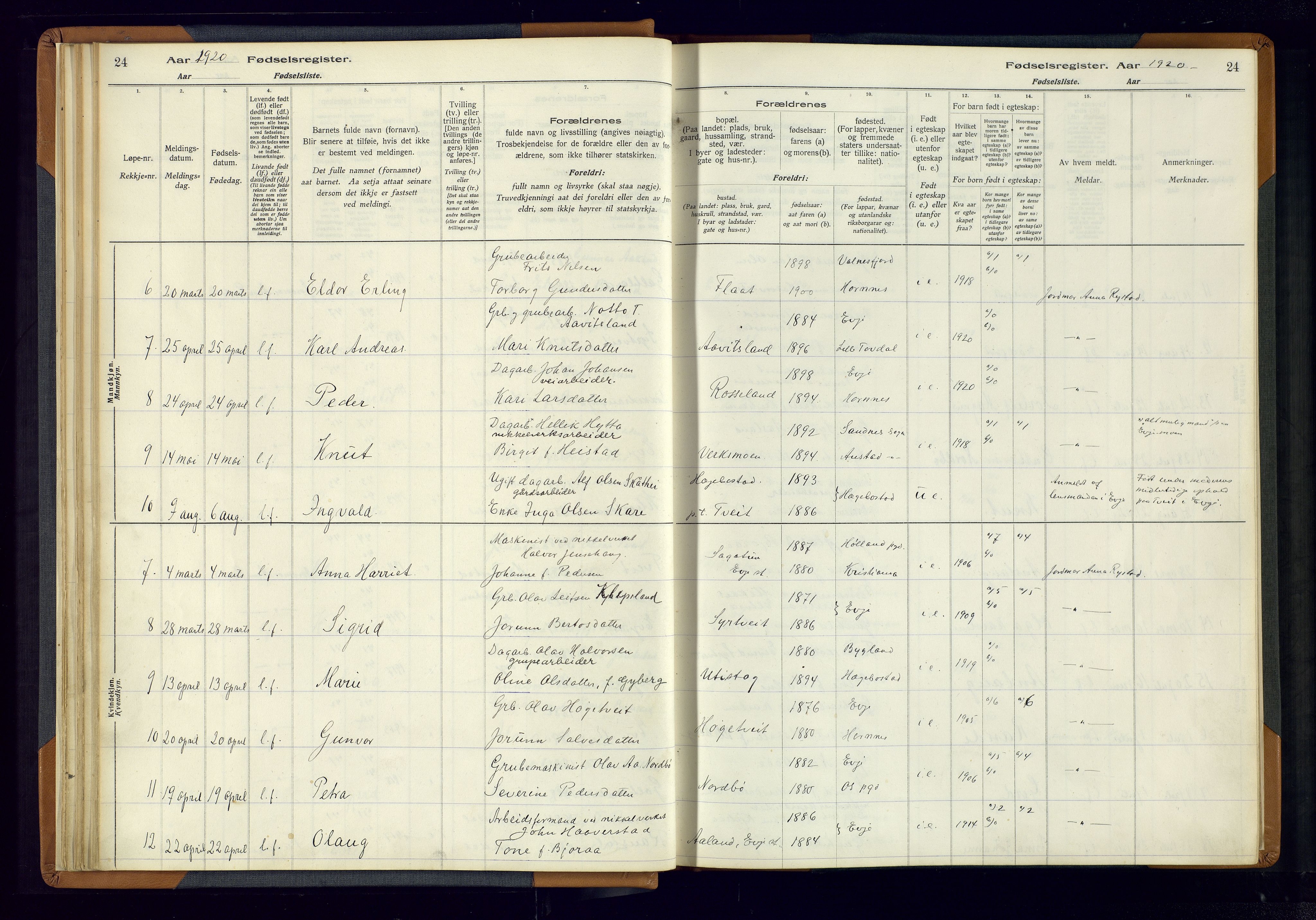 Evje sokneprestkontor, AV/SAK-1111-0008/J/Jc/L0004: Birth register no. 4, 1916-1968, p. 24