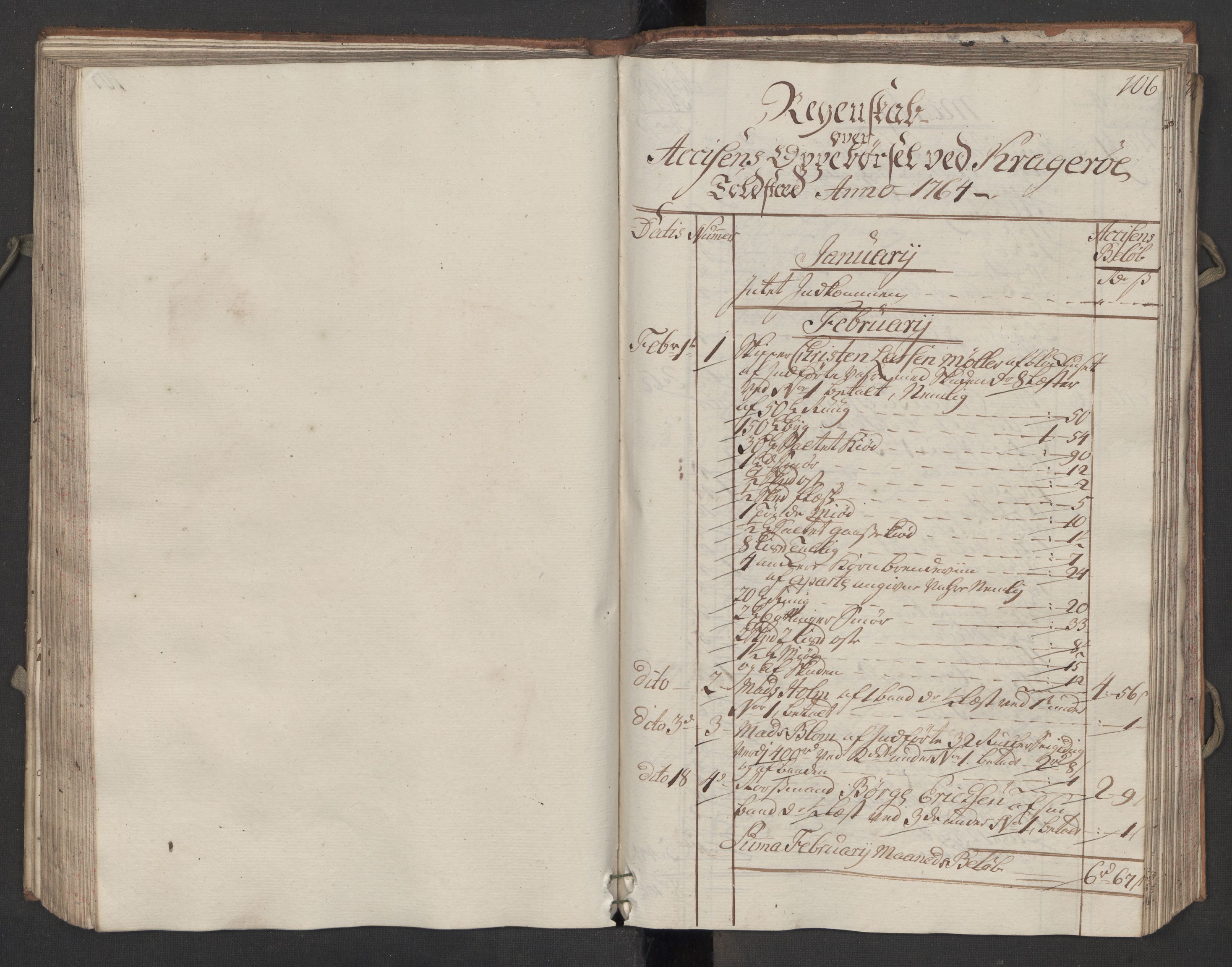 Generaltollkammeret, tollregnskaper, RA/EA-5490/R13/L0036/0001: Tollregnskaper Kragerø / Inngående hovedtollbok, 1764, p. 105b-106a