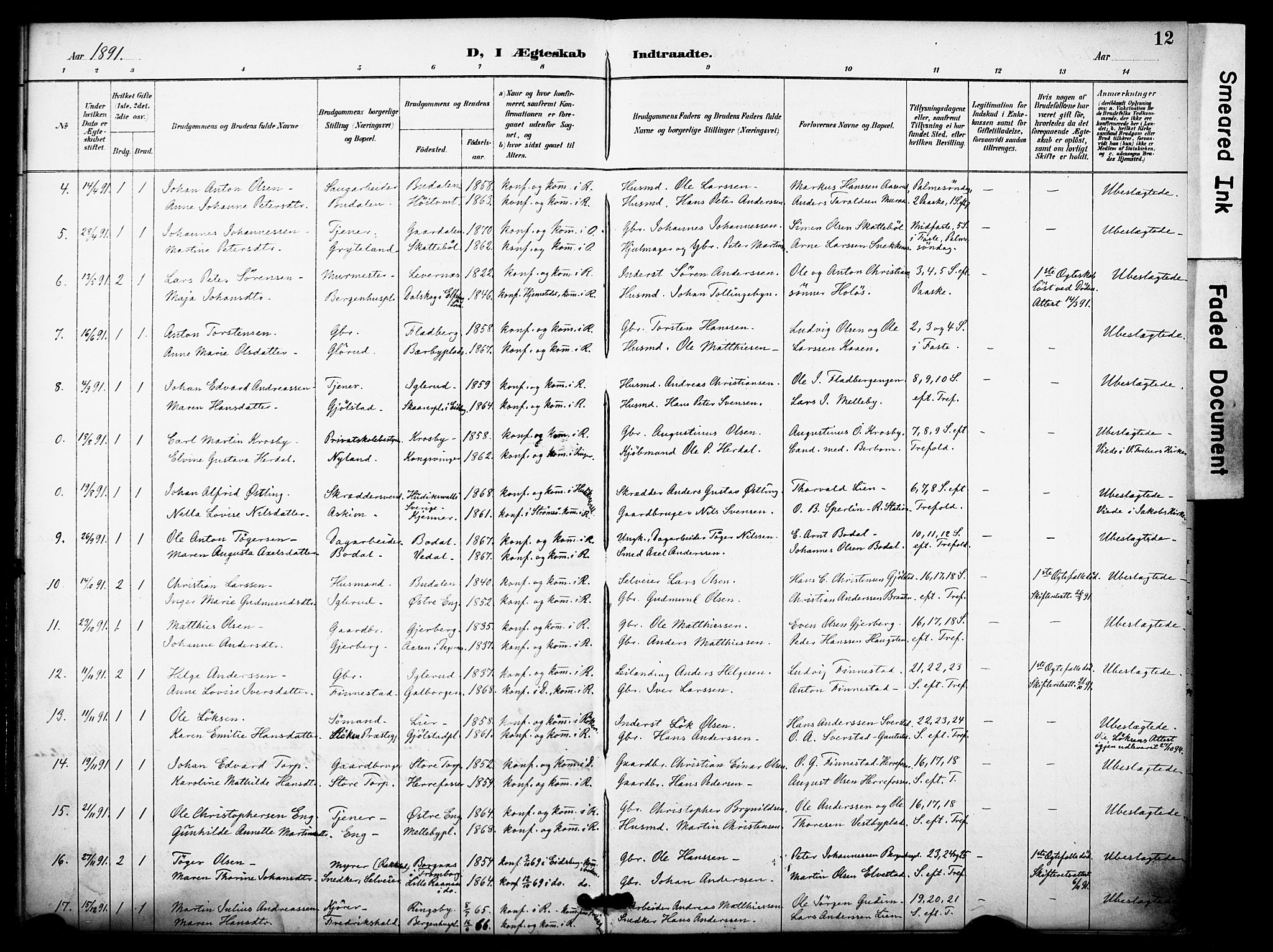 Rakkestad prestekontor Kirkebøker, AV/SAO-A-2008/F/Fa/L0014: Parish register (official) no. I 14, 1887-1908, p. 12