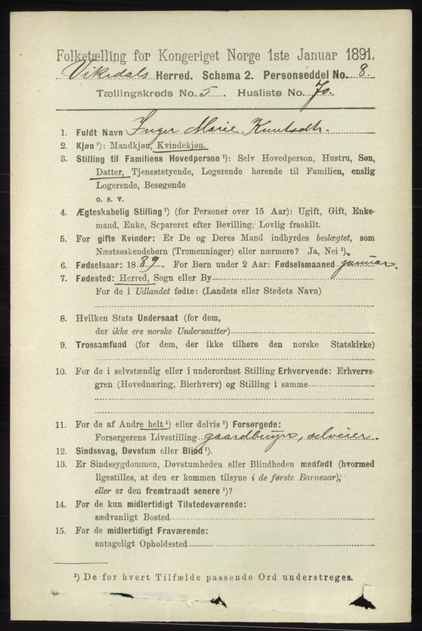 RA, 1891 census for 1157 Vikedal, 1891, p. 1488