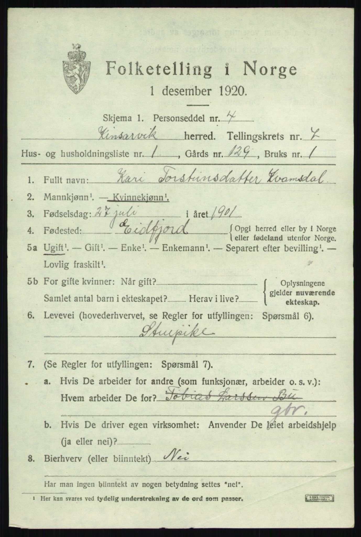 SAB, 1920 census for Kinsarvik, 1920, p. 3160