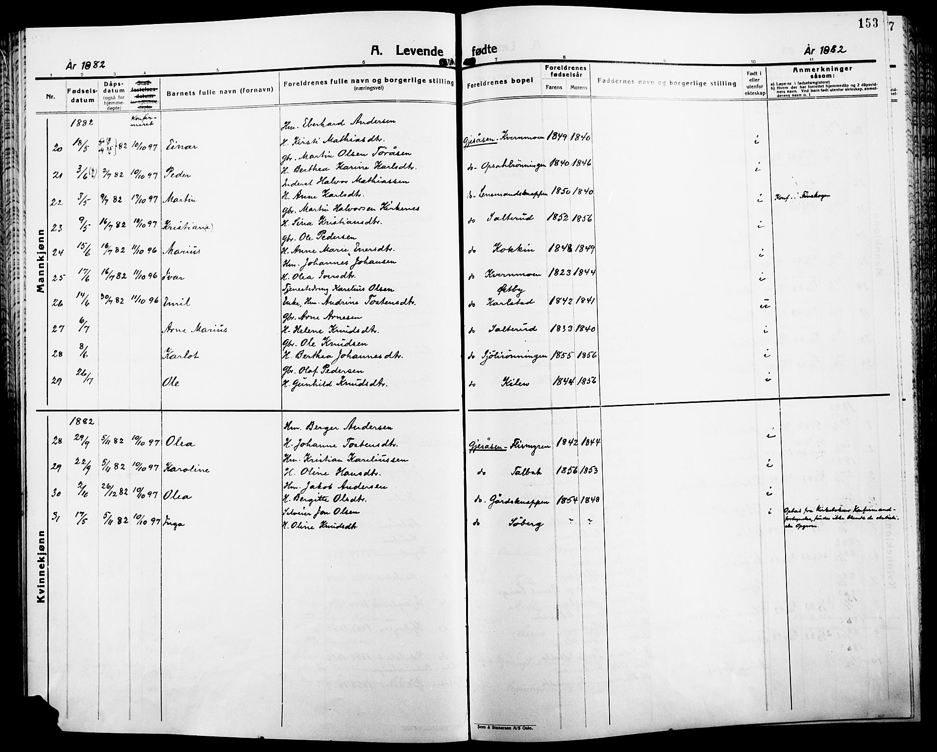 Åsnes prestekontor, SAH/PREST-042/H/Ha/Haa/L0000B: Parish register (official), 1870-1889, p. 153