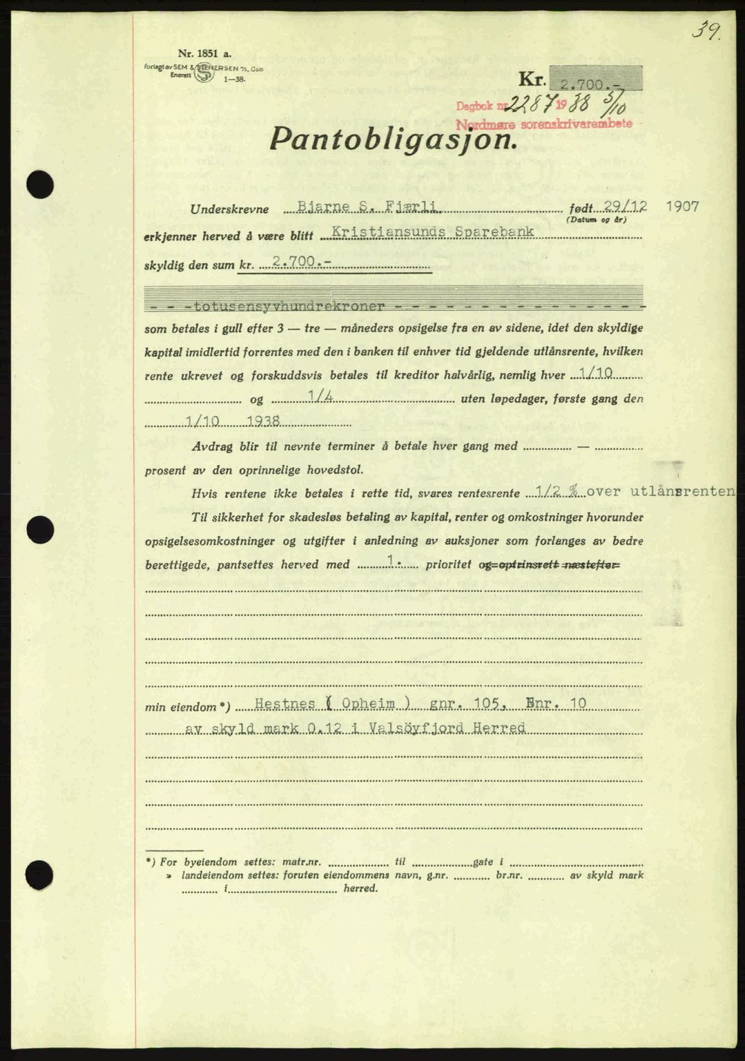Nordmøre sorenskriveri, SAT/A-4132/1/2/2Ca: Mortgage book no. B84, 1938-1939, Diary no: : 2287/1938