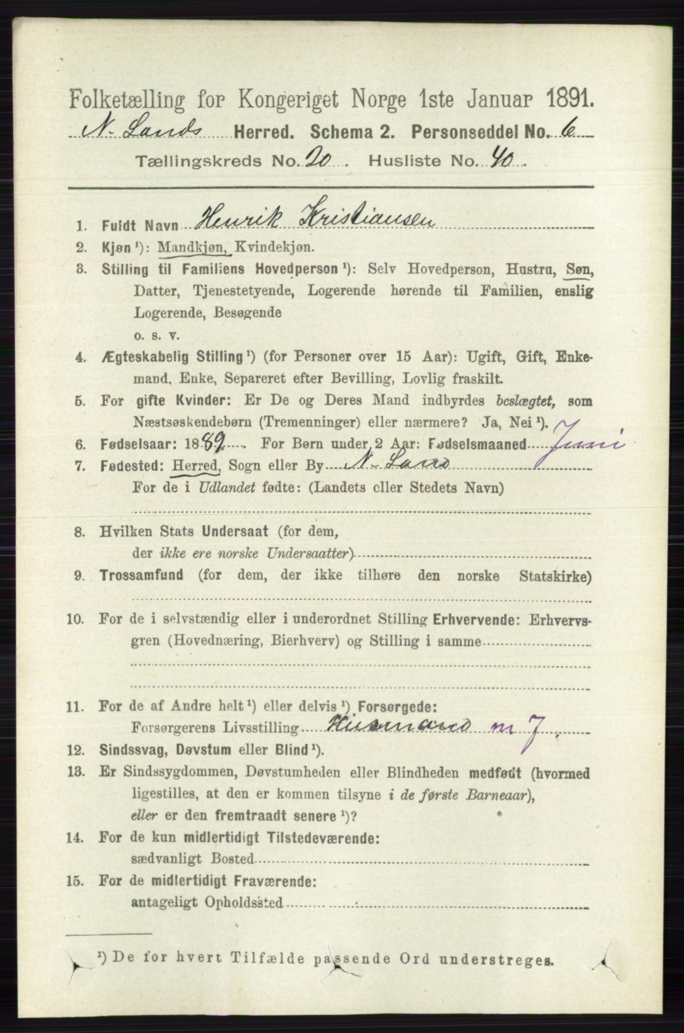 RA, 1891 census for 0538 Nordre Land, 1891, p. 5110