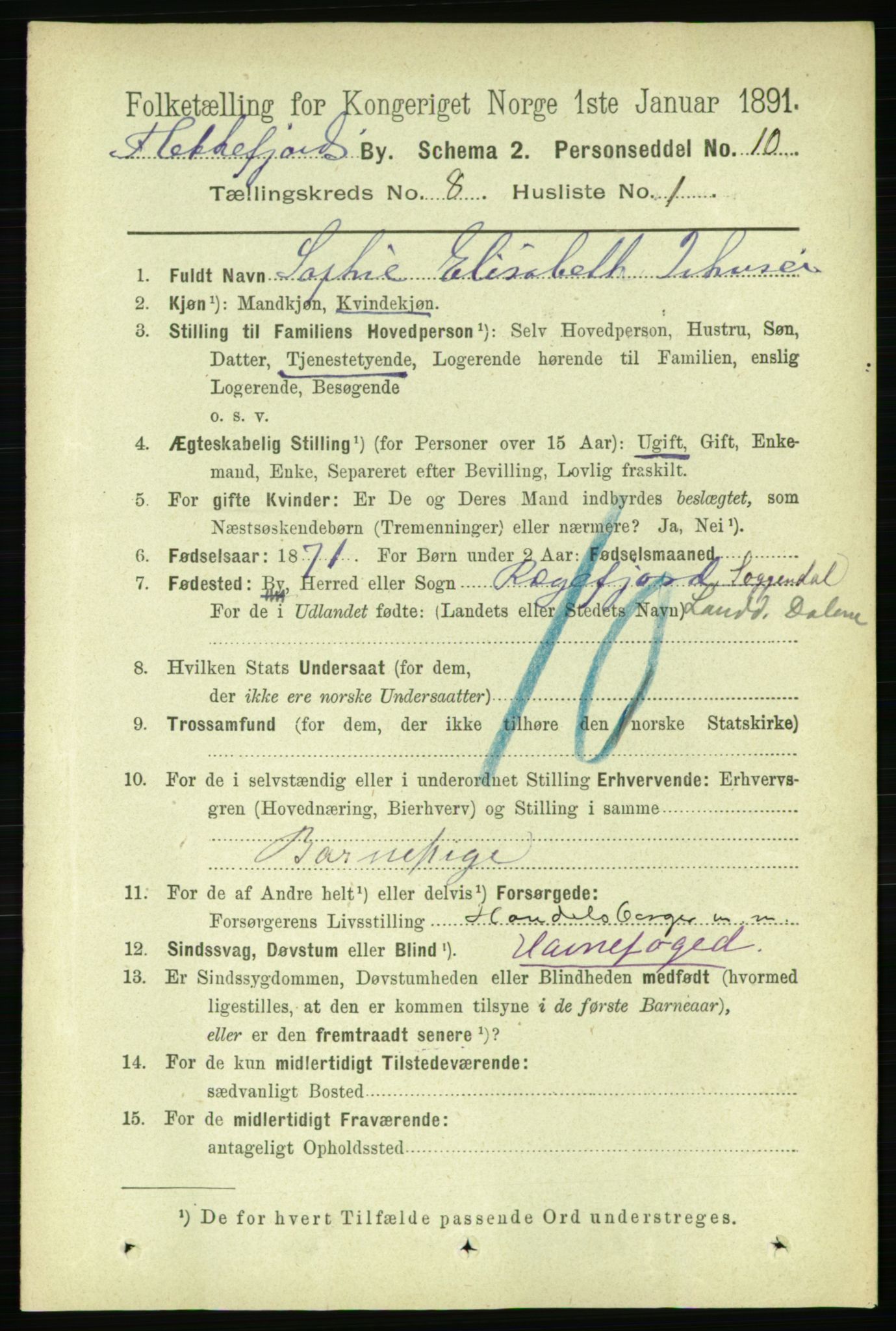 RA, 1891 census for 1004 Flekkefjord, 1891, p. 1372