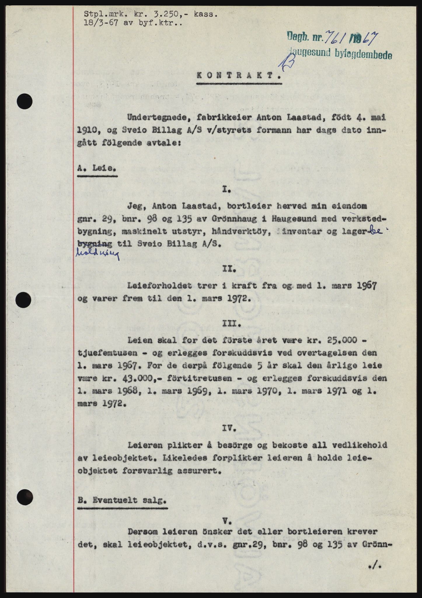 Haugesund tingrett, SAST/A-101415/01/II/IIC/L0056: Mortgage book no. B 56, 1966-1967, Diary no: : 761/1967