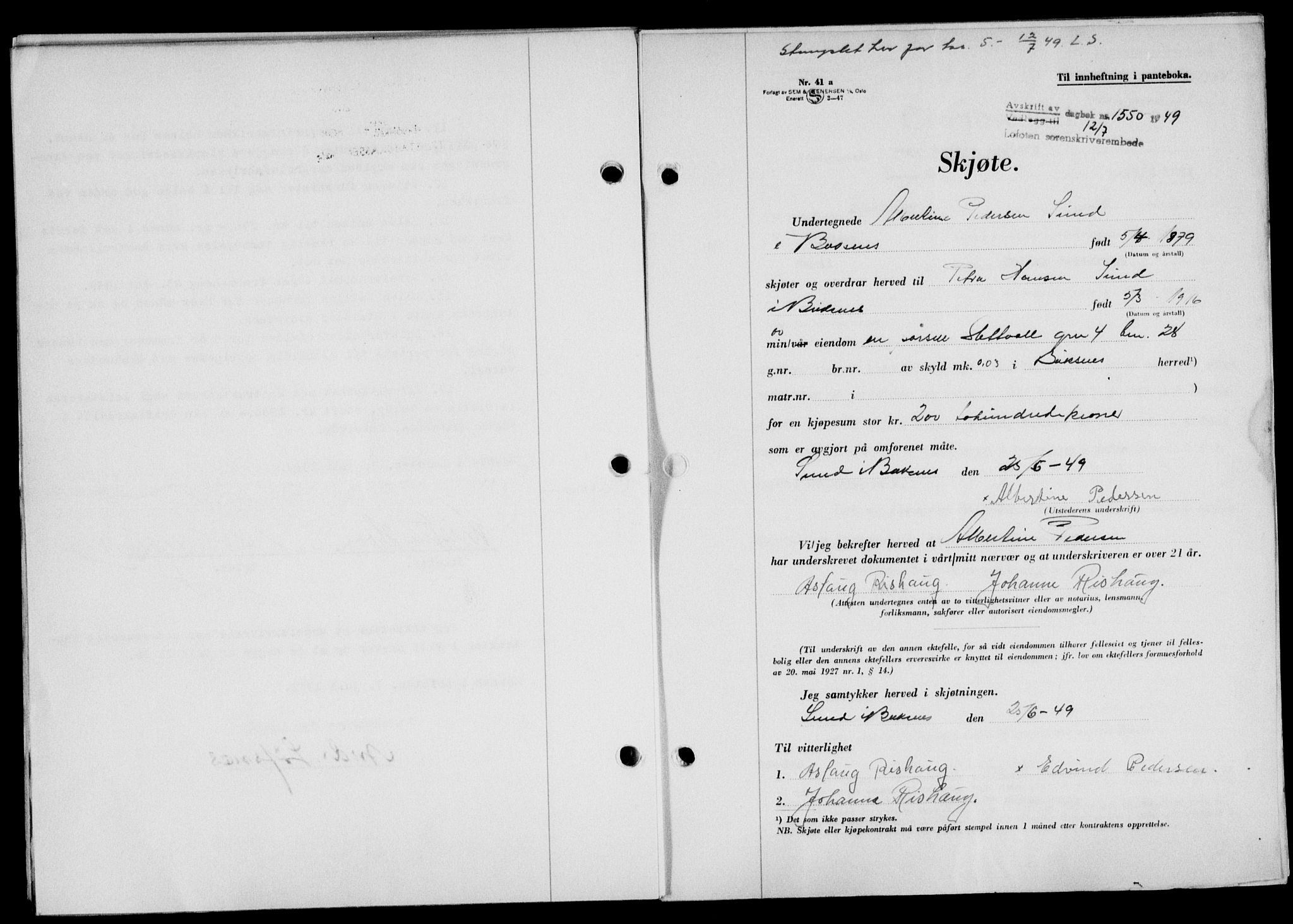 Lofoten sorenskriveri, SAT/A-0017/1/2/2C/L0021a: Mortgage book no. 21a, 1949-1949, Diary no: : 1550/1949