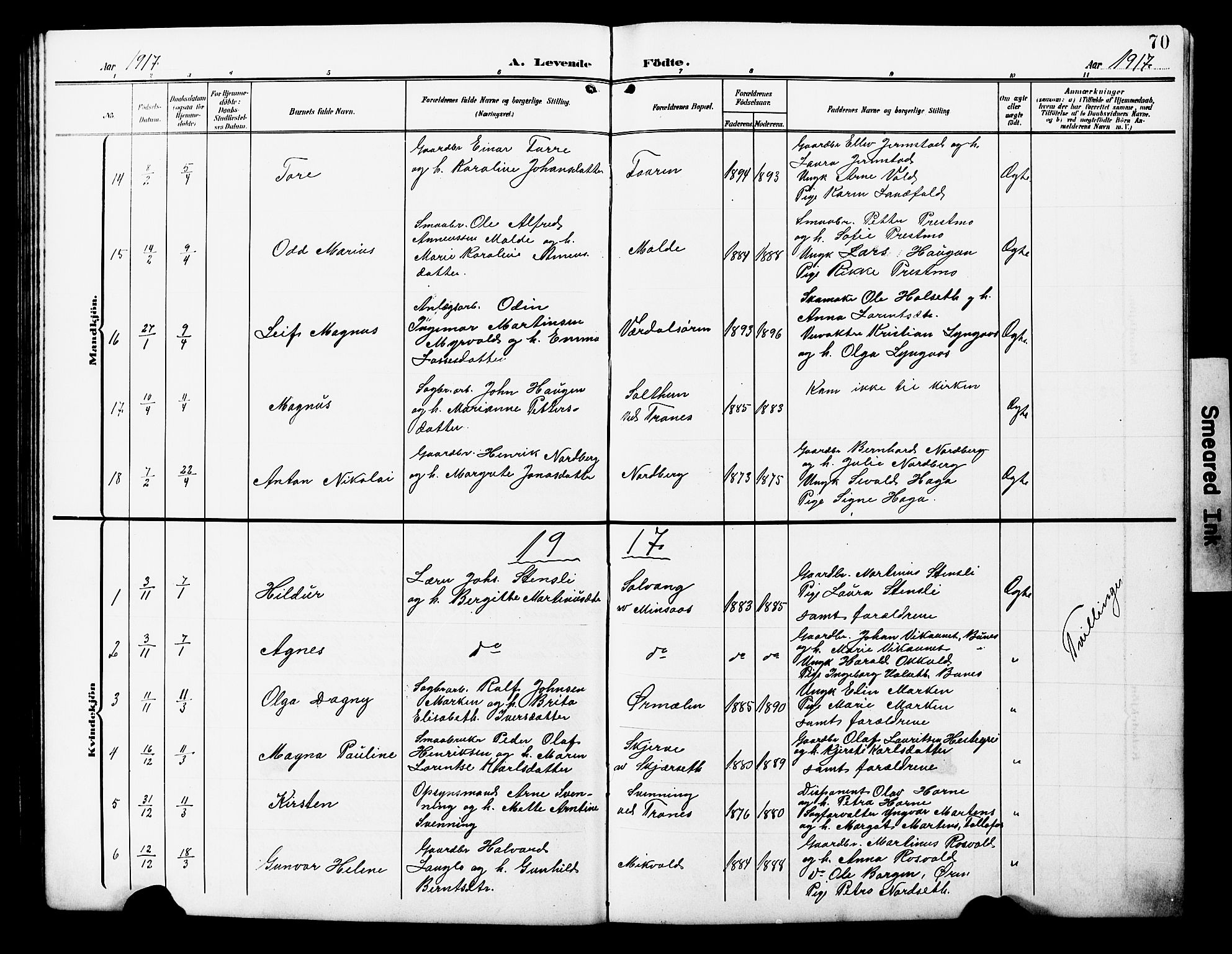 Ministerialprotokoller, klokkerbøker og fødselsregistre - Nord-Trøndelag, SAT/A-1458/723/L0258: Parish register (copy) no. 723C06, 1908-1927, p. 70