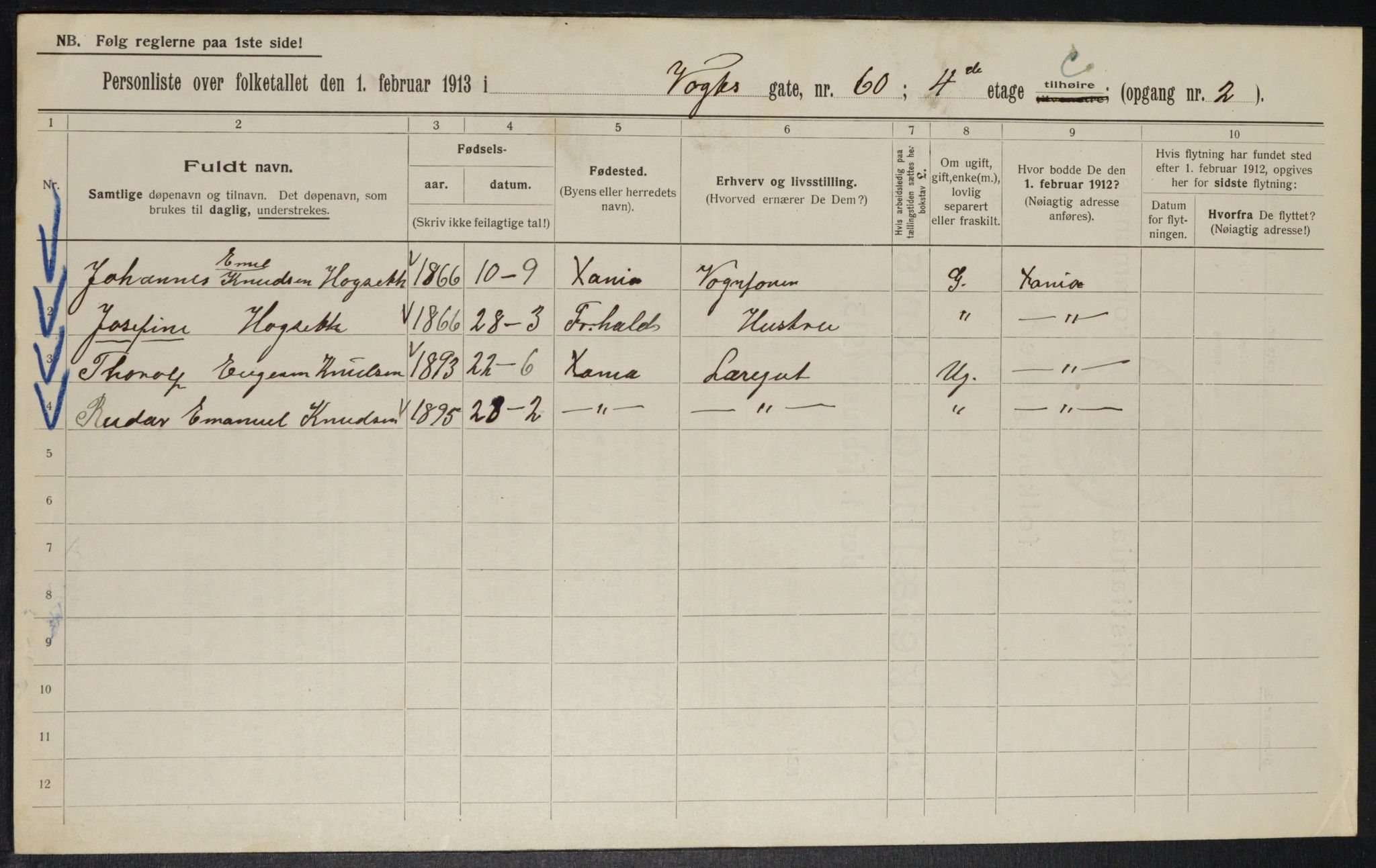 OBA, Municipal Census 1913 for Kristiania, 1913, p. 125309