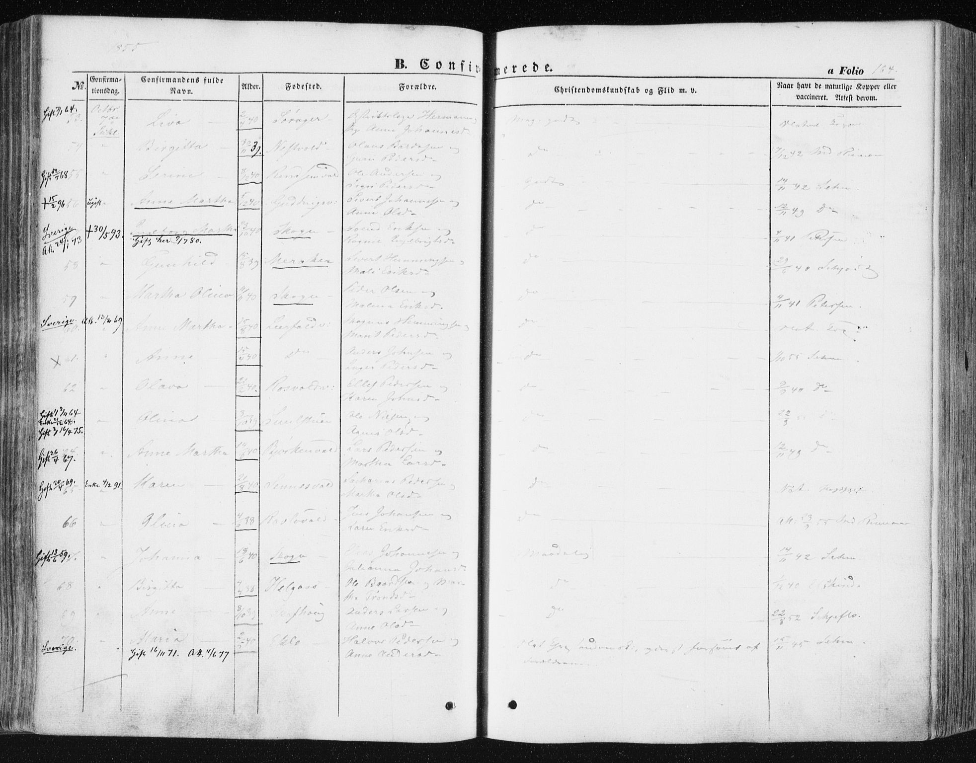 Ministerialprotokoller, klokkerbøker og fødselsregistre - Nord-Trøndelag, SAT/A-1458/723/L0240: Parish register (official) no. 723A09, 1852-1860, p. 164