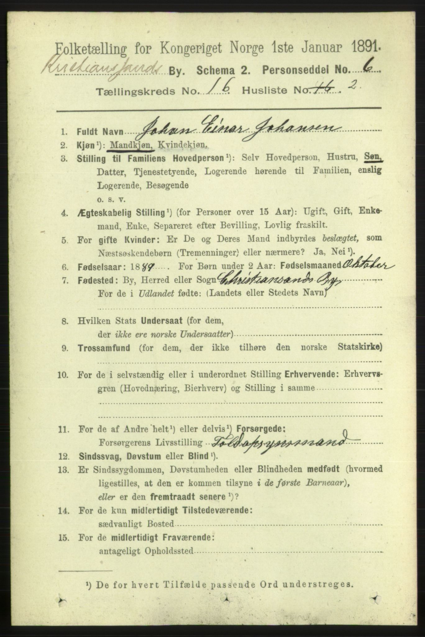 RA, 1891 census for 1001 Kristiansand, 1891, p. 6416