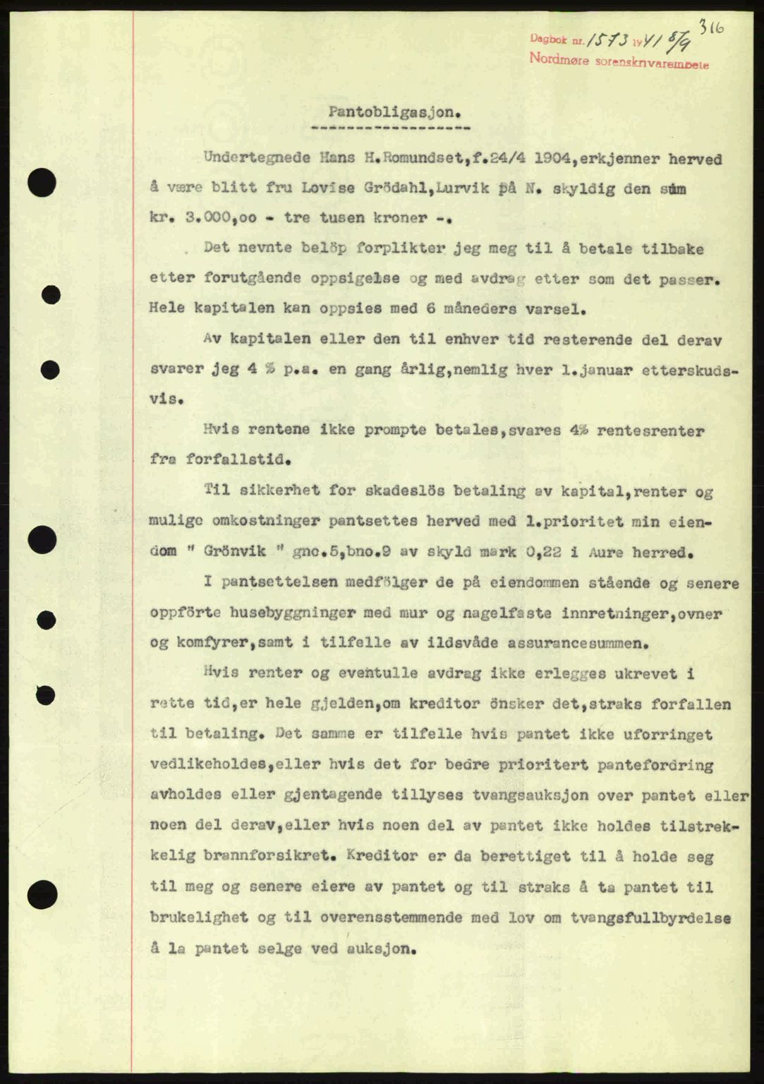 Nordmøre sorenskriveri, AV/SAT-A-4132/1/2/2Ca: Mortgage book no. B88, 1941-1942, Diary no: : 1573/1941