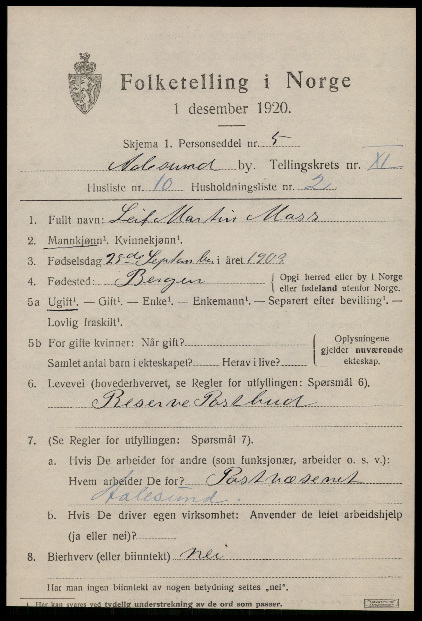 SAT, 1920 census for Ålesund, 1920, p. 24906