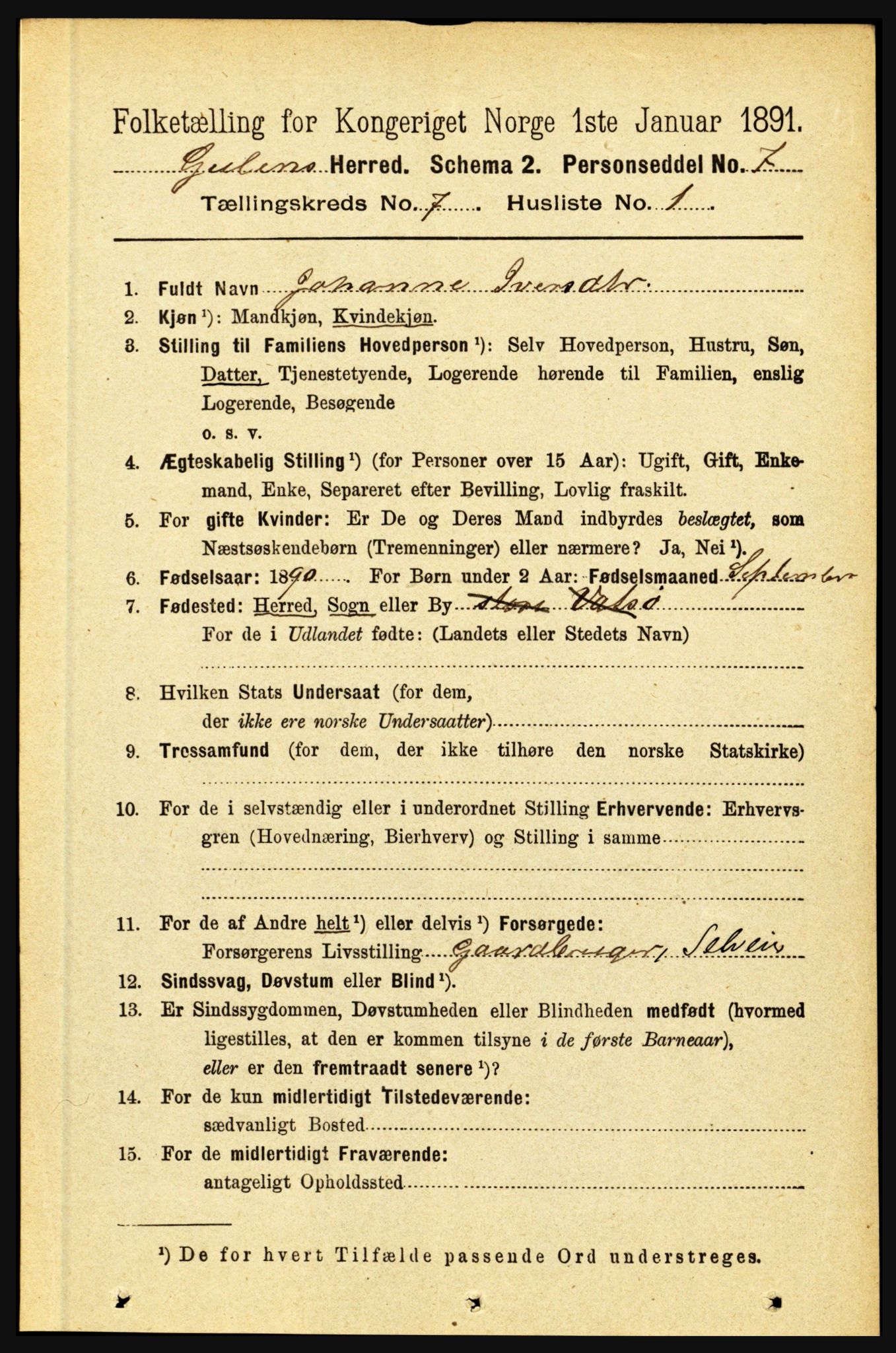 RA, 1891 census for 1411 Gulen, 1891, p. 2223