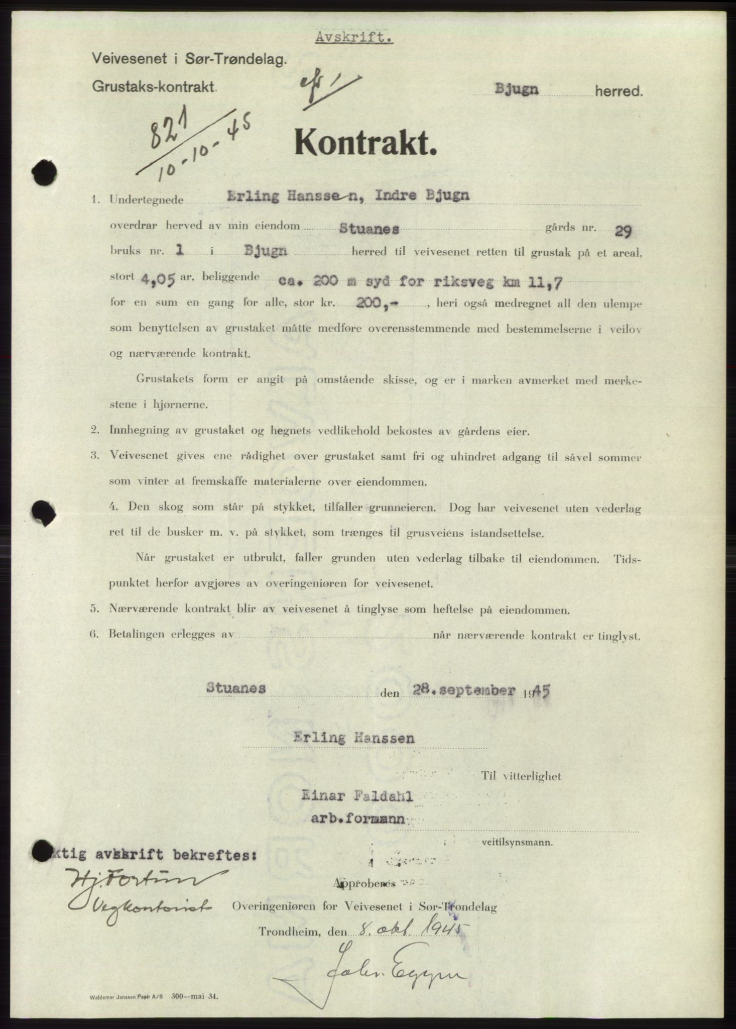 Fosen sorenskriveri, AV/SAT-A-1107/1/2/2C: Mortgage book no. B1, 1943-1946, Diary no: : 821/1945
