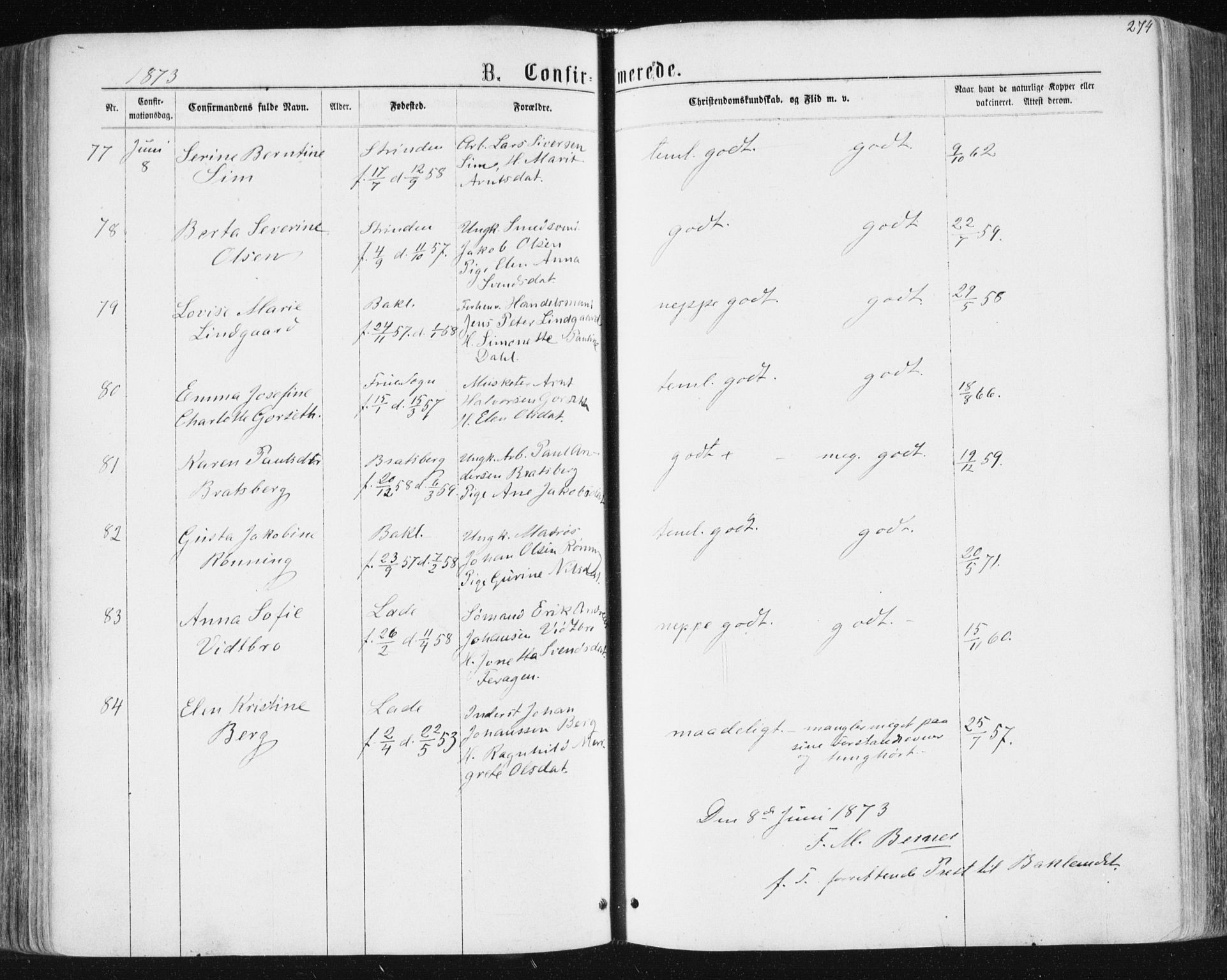 Ministerialprotokoller, klokkerbøker og fødselsregistre - Sør-Trøndelag, SAT/A-1456/604/L0186: Parish register (official) no. 604A07, 1866-1877, p. 274