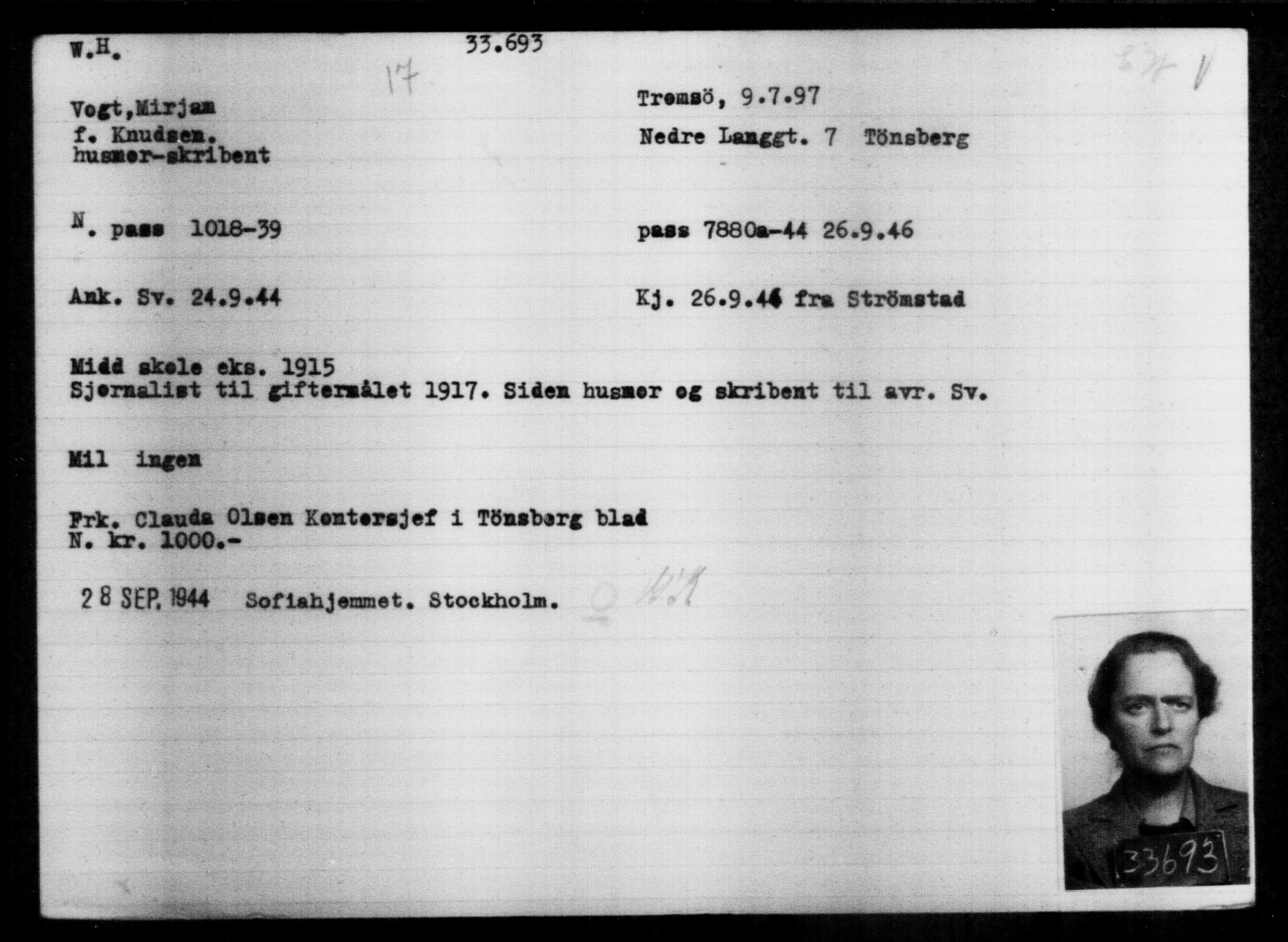 Utenriksstasjonene, Legasjonen i Stockholm, Flyktningkontoret, AV/RA-S-6753/V/Va/L0013: Kjesäterkartoteket, flyktninger med registreringsnr. 31500-34731, 1940-1945, p. 2313