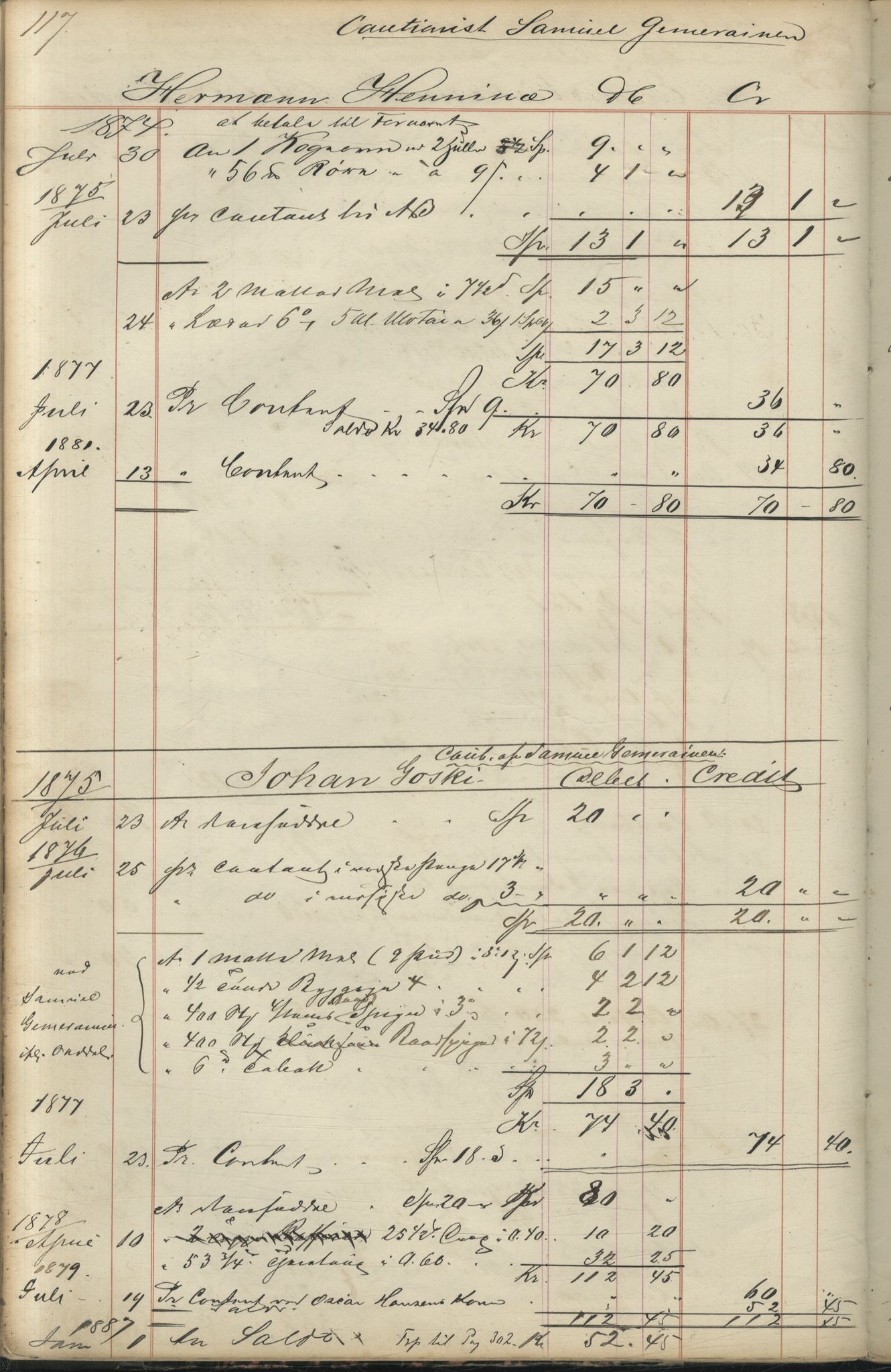 Brodtkorb handel A/S, VAMU/A-0001/F/Fc/L0001/0001: Konto for kvener og nordmenn på Kolahalvøya  / Conto for Kvæner og Nordmænd paa Russefinmarken No 1, 1868-1894, p. 117