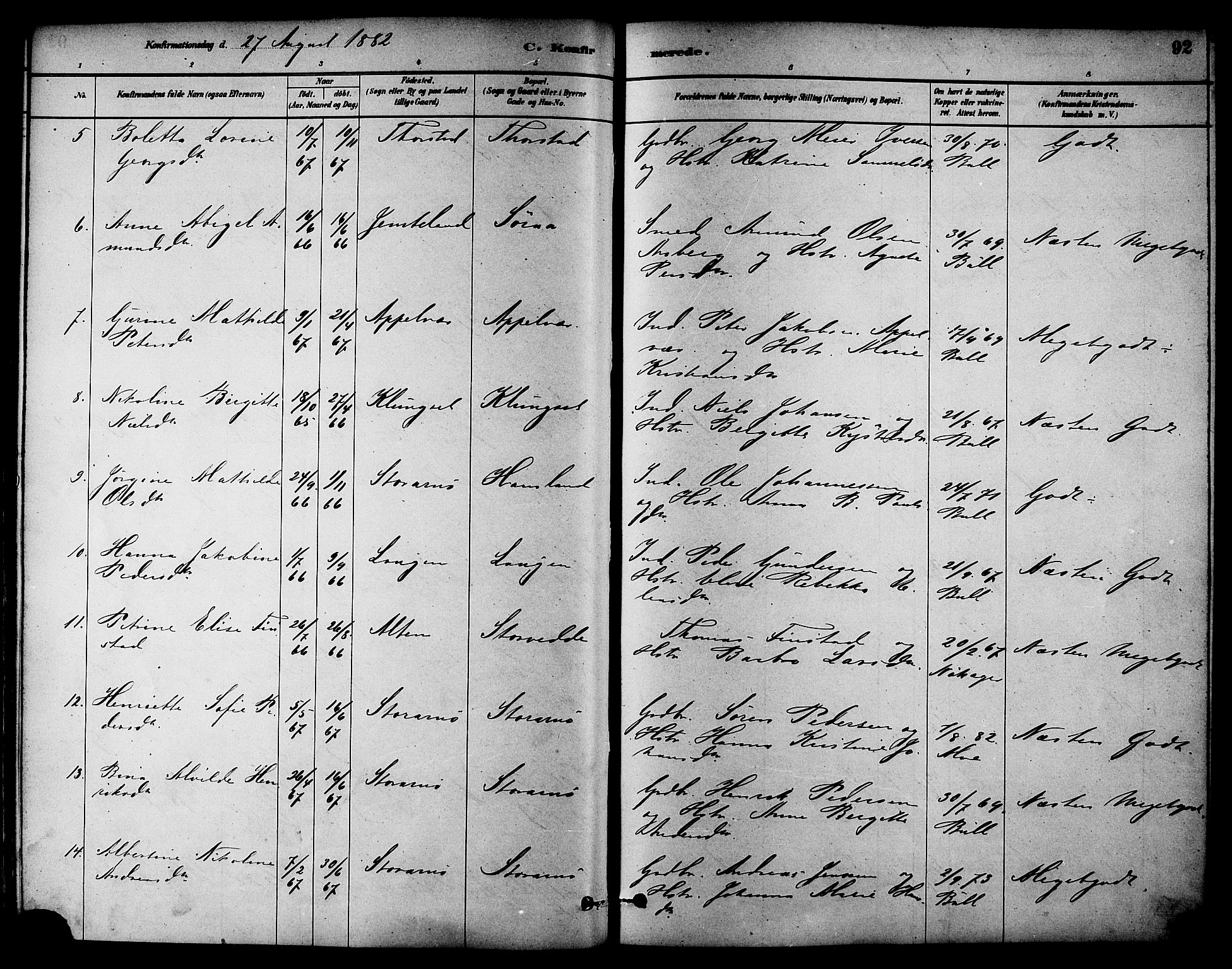 Ministerialprotokoller, klokkerbøker og fødselsregistre - Nord-Trøndelag, AV/SAT-A-1458/784/L0672: Parish register (official) no. 784A07, 1880-1887, p. 92