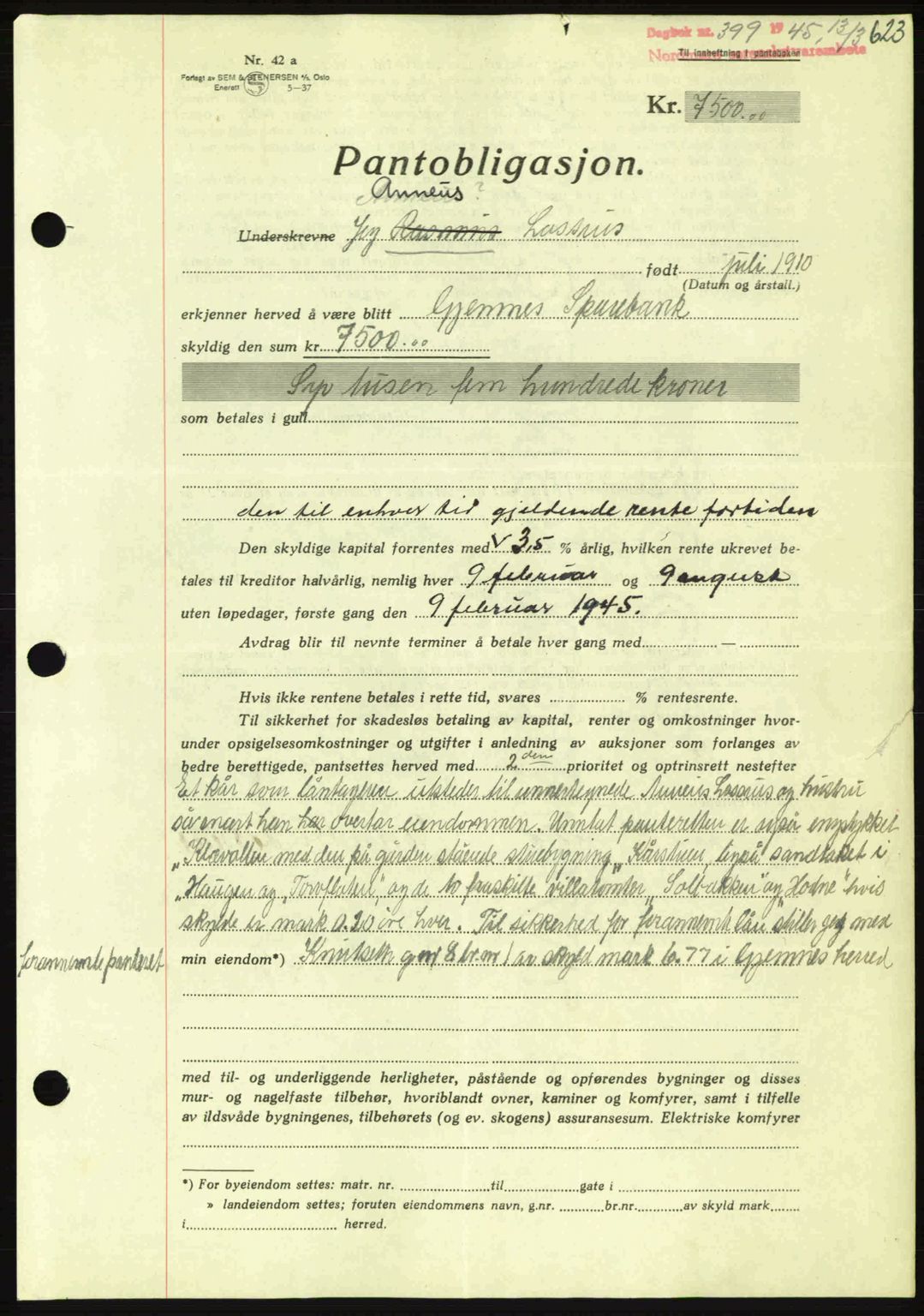 Nordmøre sorenskriveri, AV/SAT-A-4132/1/2/2Ca: Mortgage book no. B92, 1944-1945, Diary no: : 399/1945