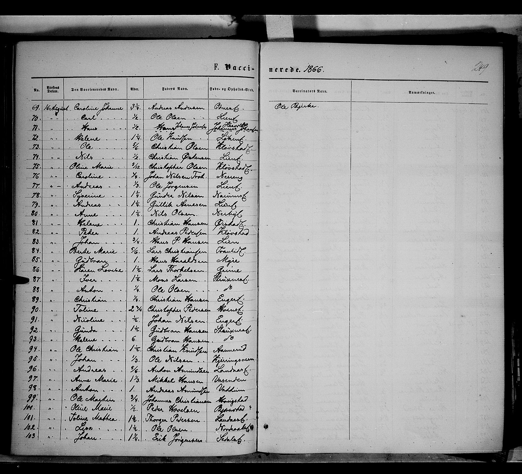 Søndre Land prestekontor, AV/SAH-PREST-122/K/L0001: Parish register (official) no. 1, 1860-1877, p. 249